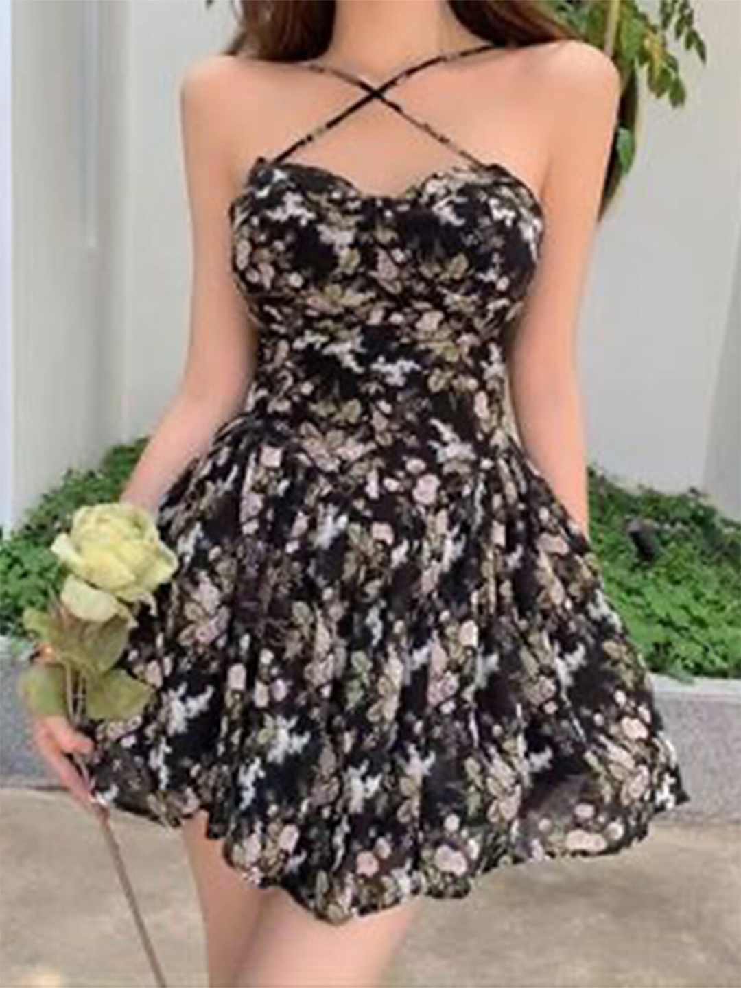 

ODETTE Shoulder Straps Floral Printed Fit & Flare Dress, Black