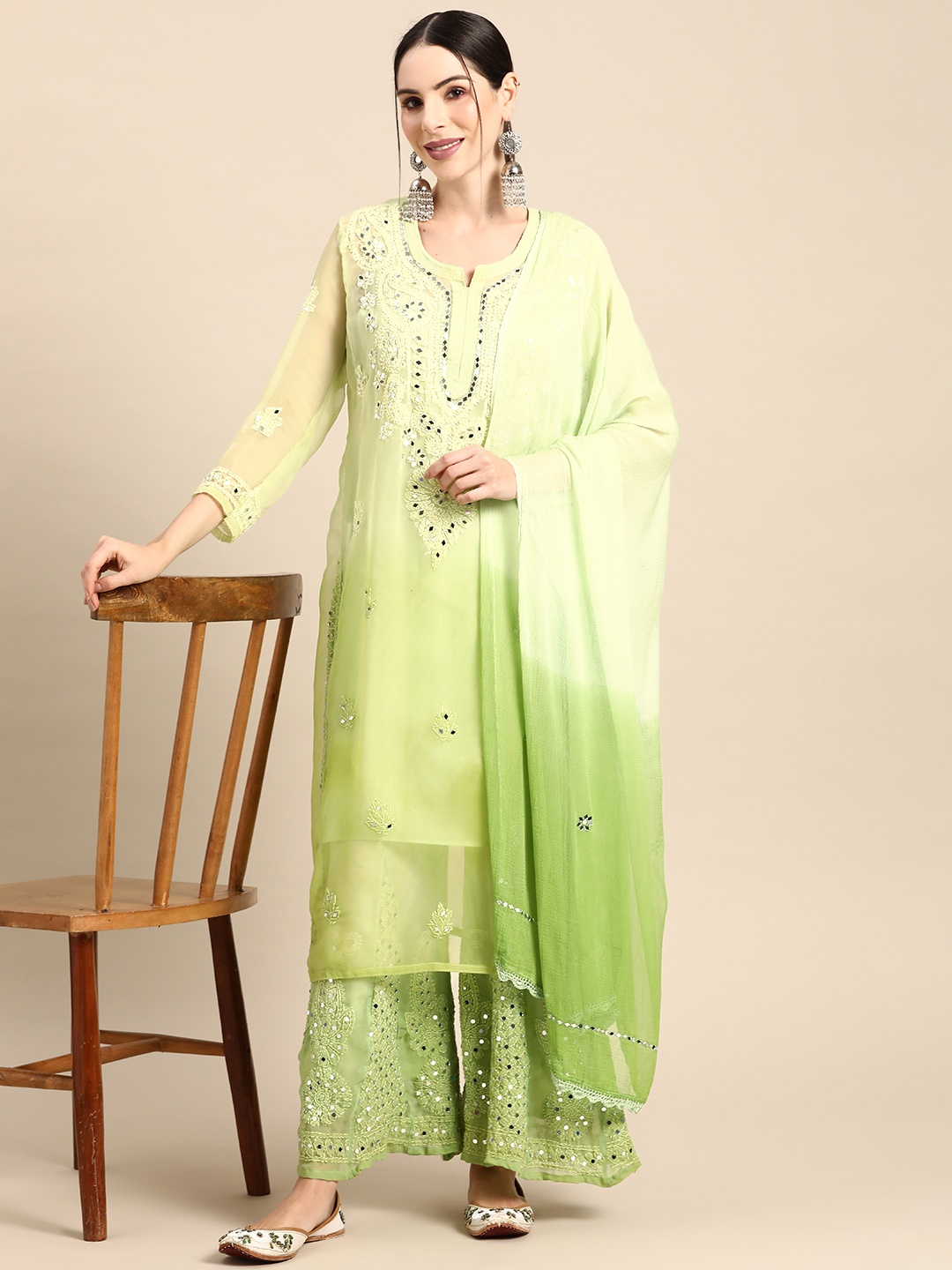 

Saadgi Ethnic Motifs Embroidered Chikankari Kurta With Sharara & With Dupatta, Lime green