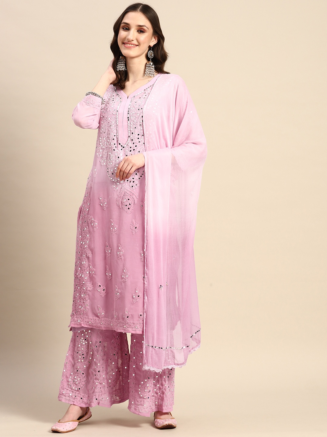 

Saadgi Ethnic Motifs Ombre Embroidered Chikankari Kurta With Sharara & With Dupatta, Mauve
