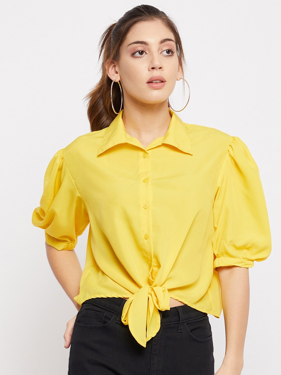 Color Cocktail Puff Sleeves Waist Tie-Up Detail Shirt Style Top, Yellow