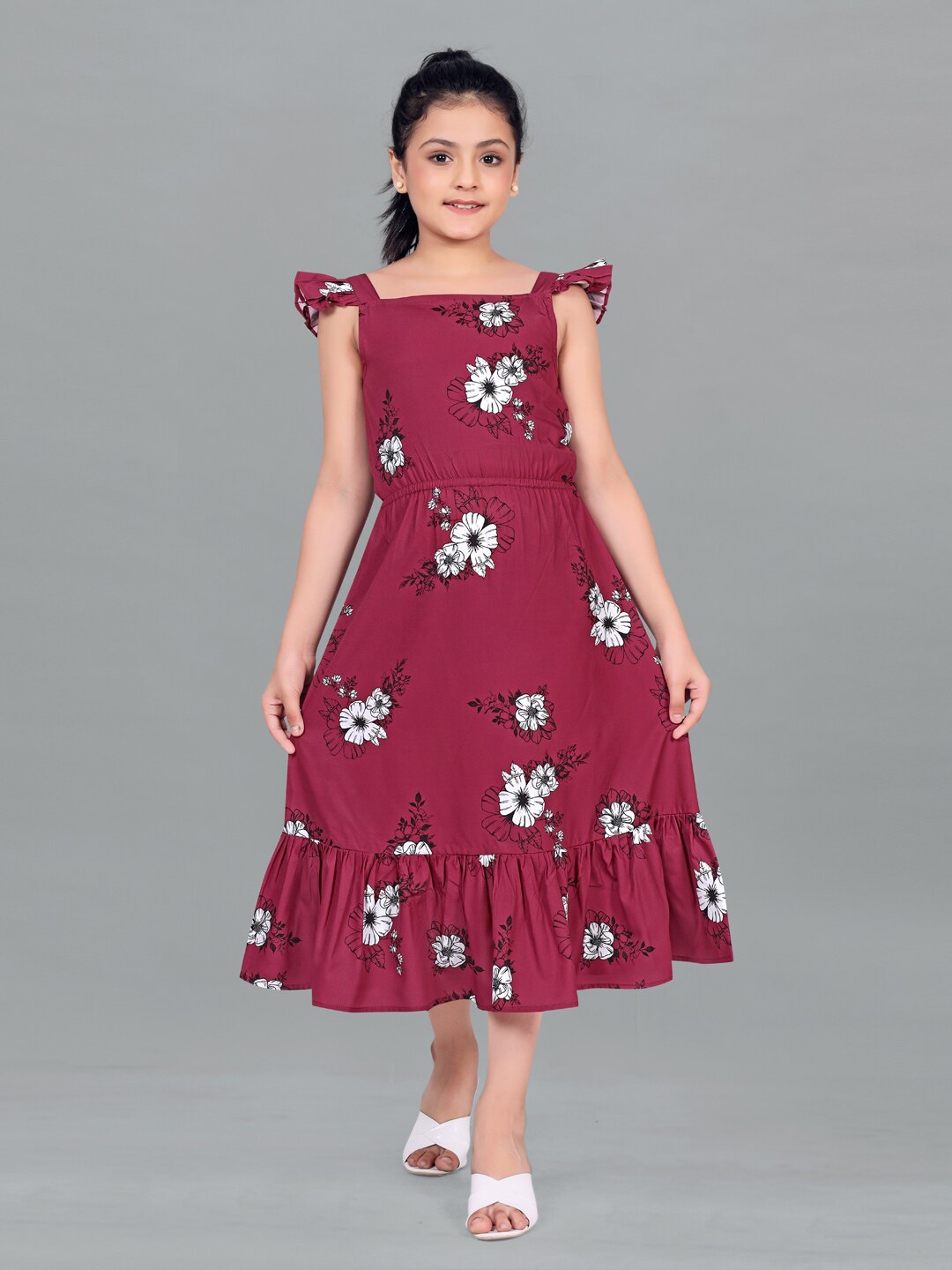 

FASHION DREAM Girls Floral Printed Ruffles Flounce Midi Fit & Flare Dress, Burgundy