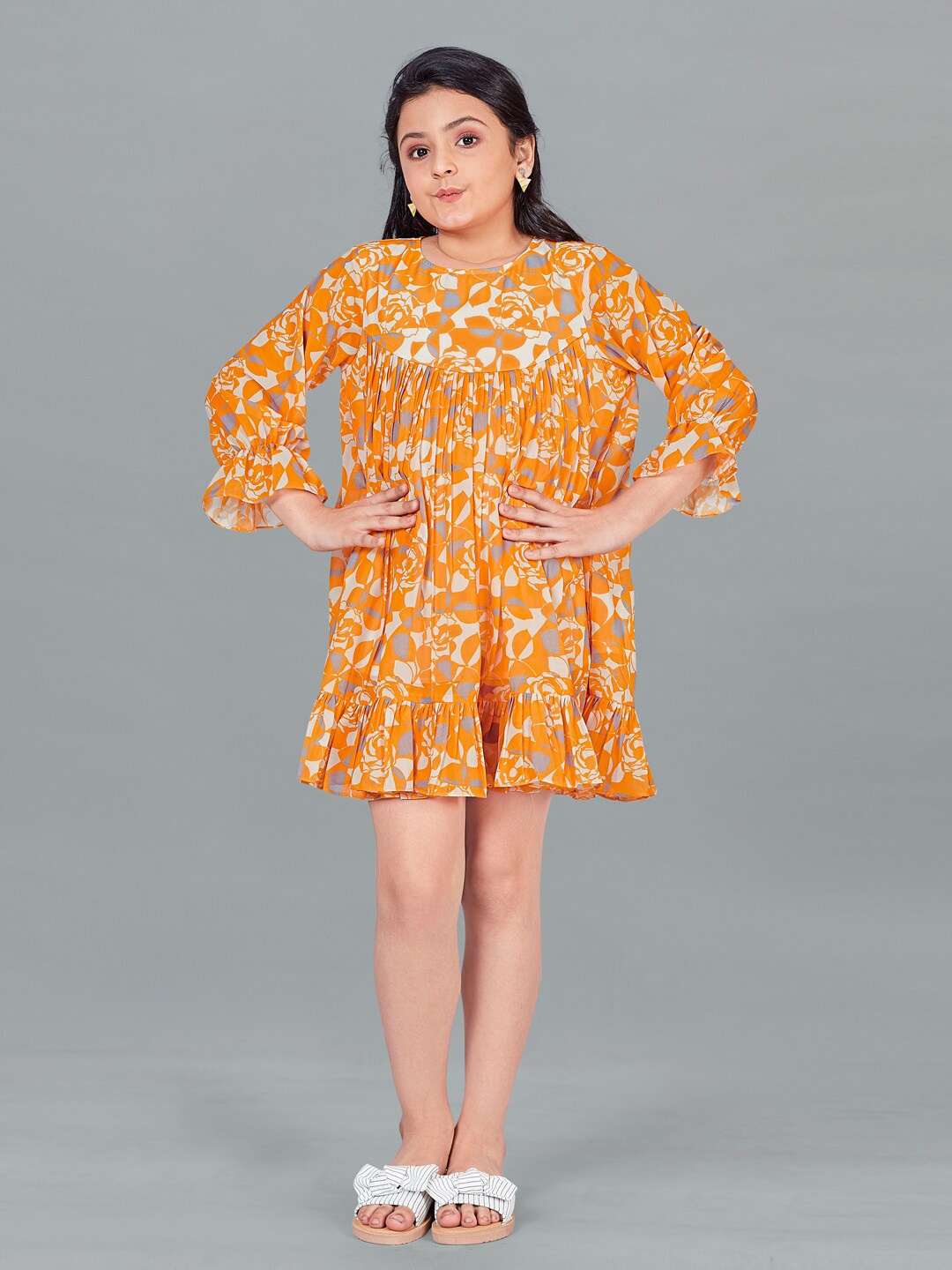

FASHION DREAM Girls Floral Printed Puff Sleeves Flounce Pleated A-Line Dress, Mustard