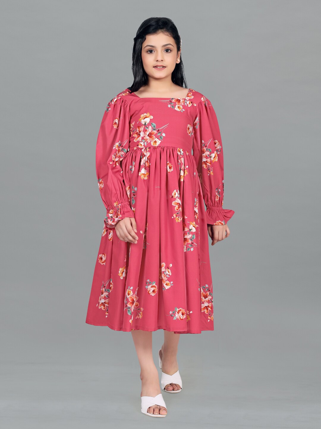 

FASHION DREAM Girls Floral Printed Puff Sleeves Gathered Midi Fit & Flare Dress, Fuchsia