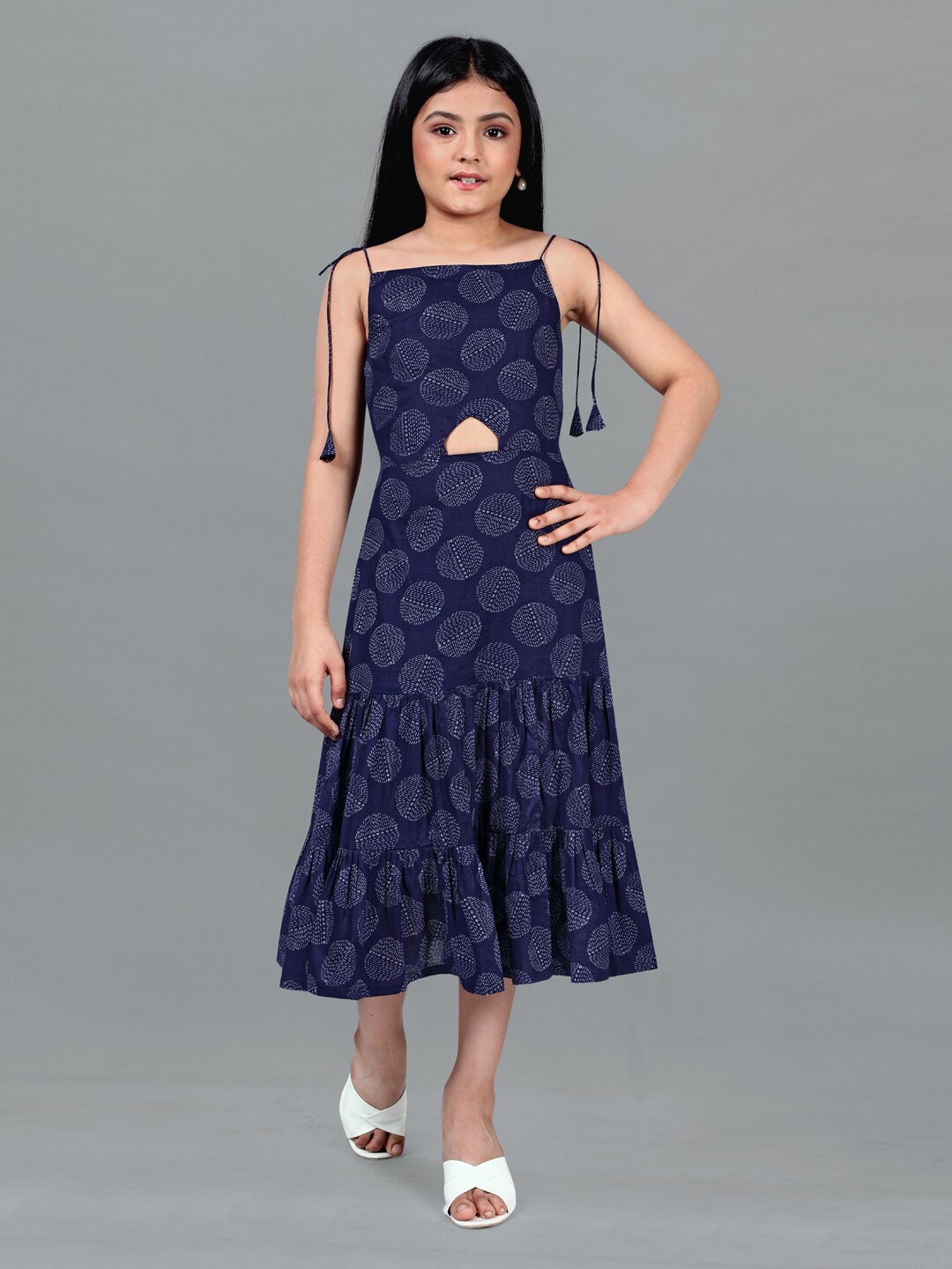 

FASHION DREAM Girls Abstract Printed Tiered A-Line Midi Dress, Navy blue