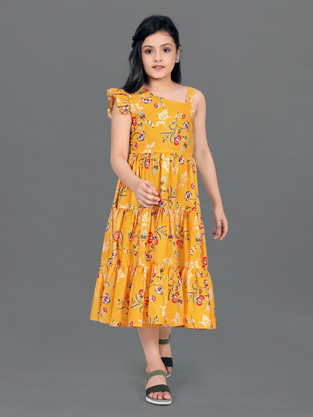 

FASHION DREAM Girls Floral Printed Flutter Sleeves Tiered Midi Fit & Flare Dress, Mustard