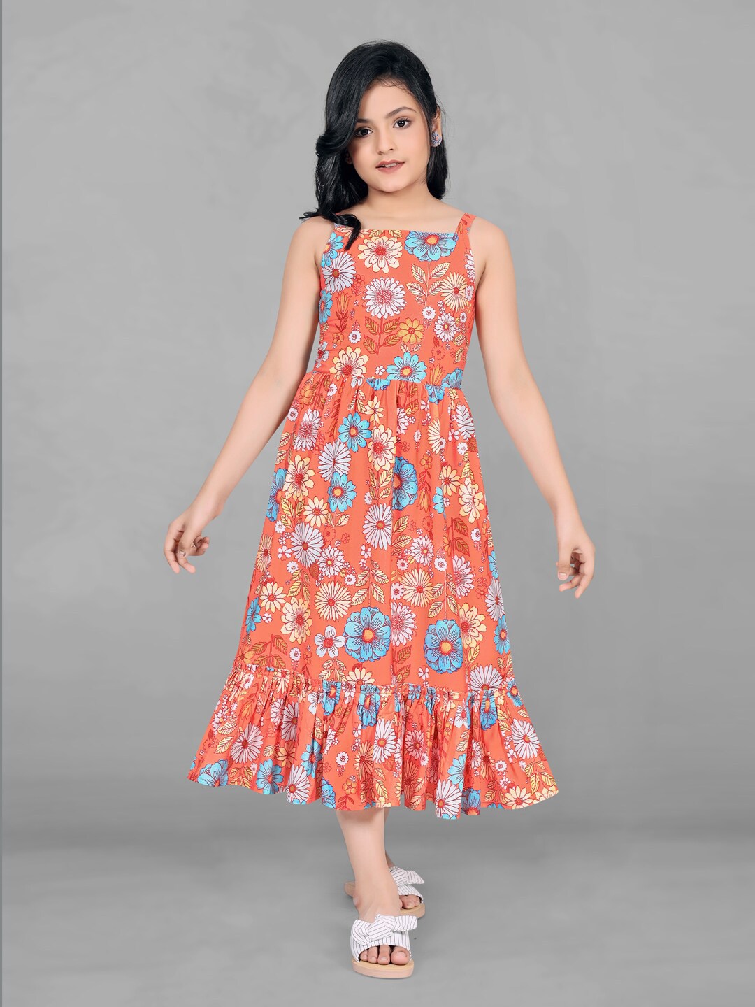 

FASHION DREAM Girl Floral Printed Flounce Midi Fit & Flare Dress, Orange