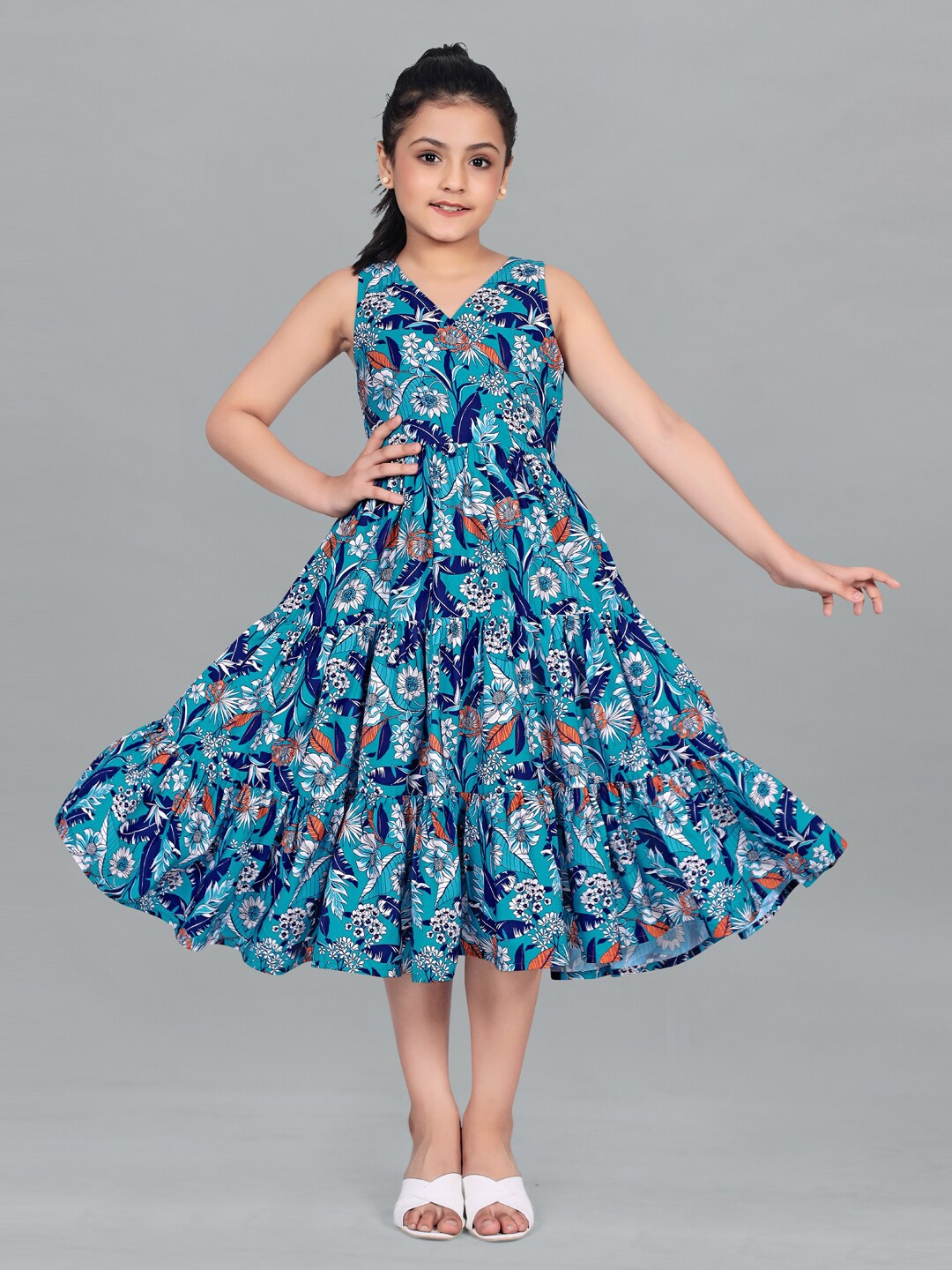 

FASHION DREAM Tropical Printed V-Neck Tiered Midi Fit & Flare Dress, Turquoise blue