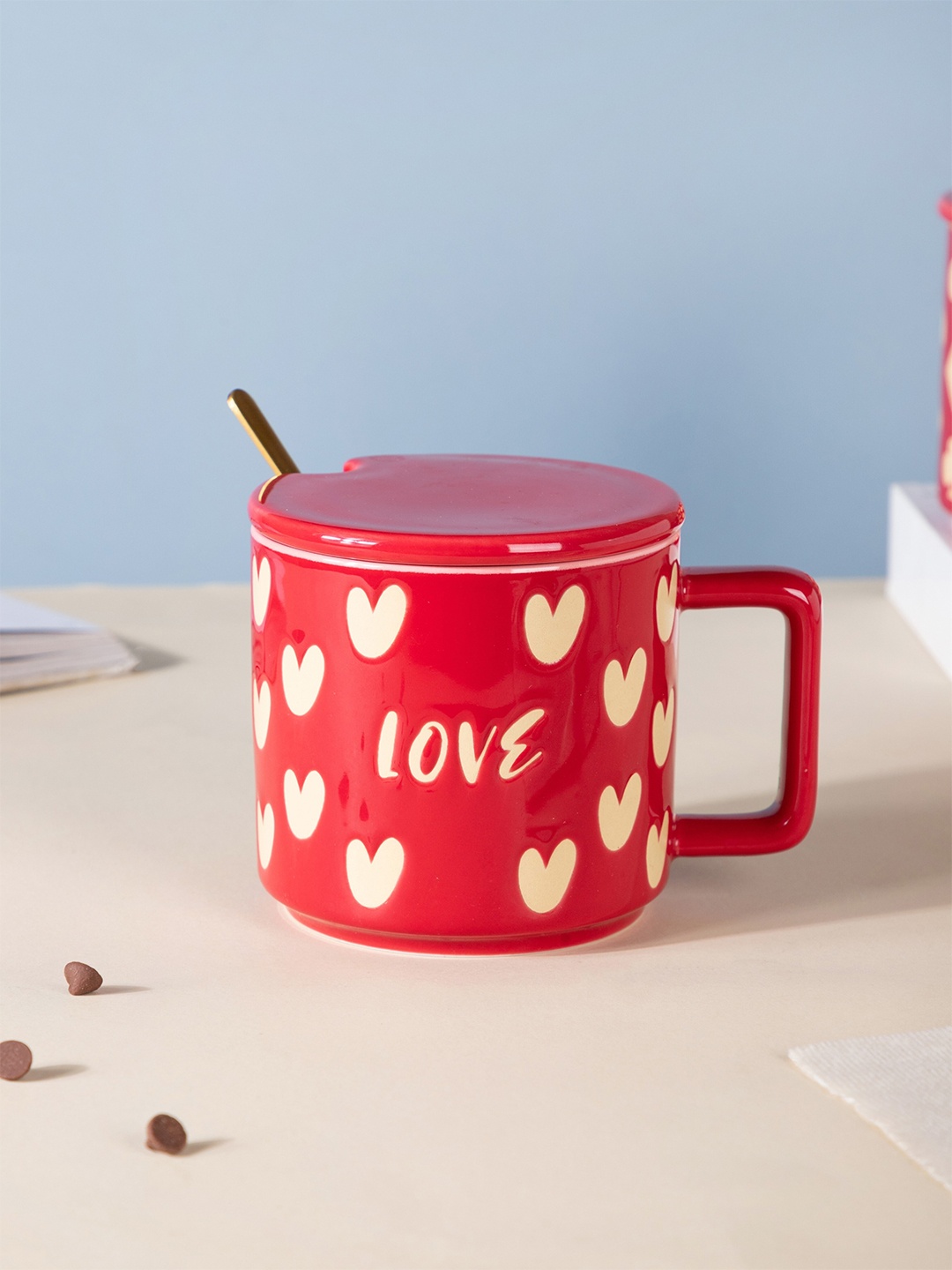 

Nestasia Red & Cream 3 Pcs Textured Ceramic Matte Mug with Lid & Spoon 450 ml