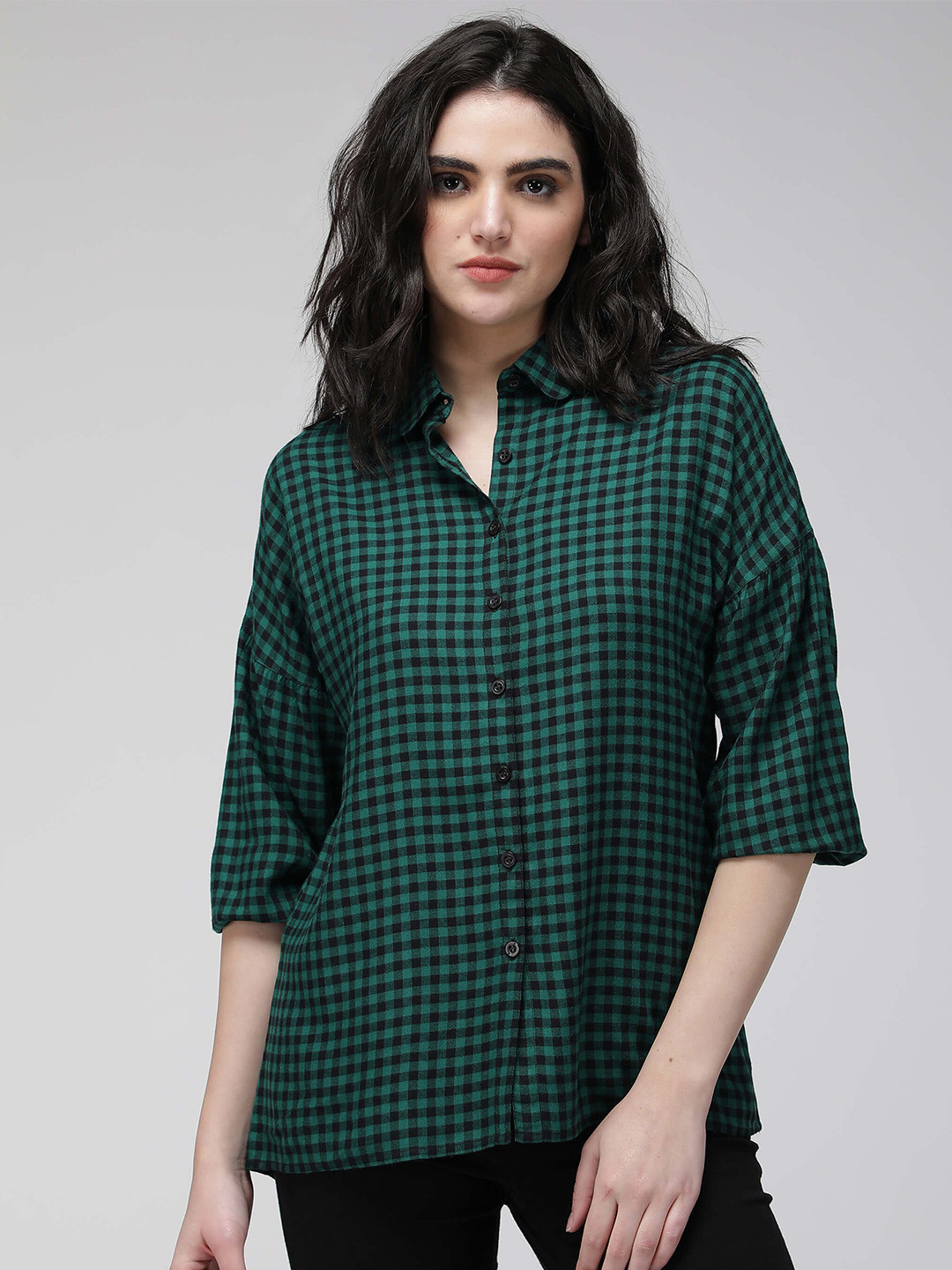 

IDK Green Checked Bell Sleeves Shirt Style Top