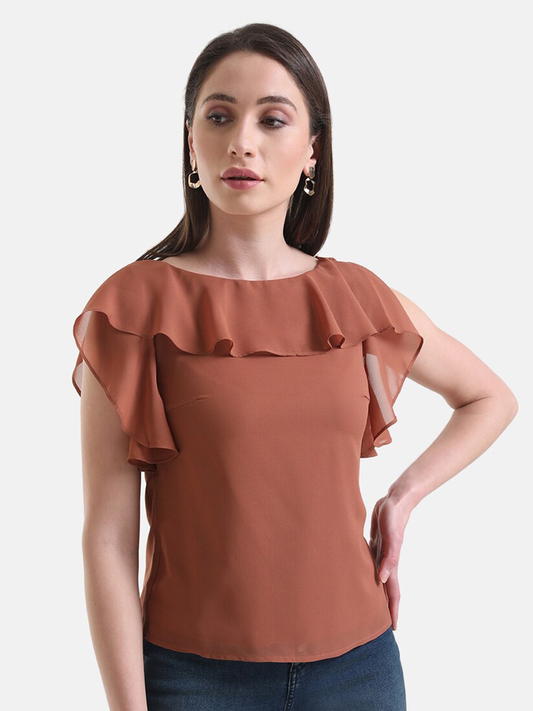 

Kazo Boat Neck Ruffles Layered Top, Brown