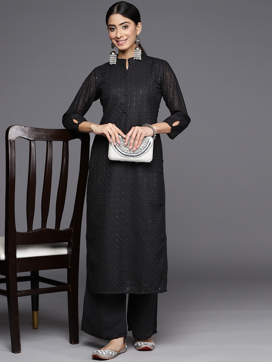 

Inddus Embroidered Regular Chikankari Kurta with Palazzos, Black