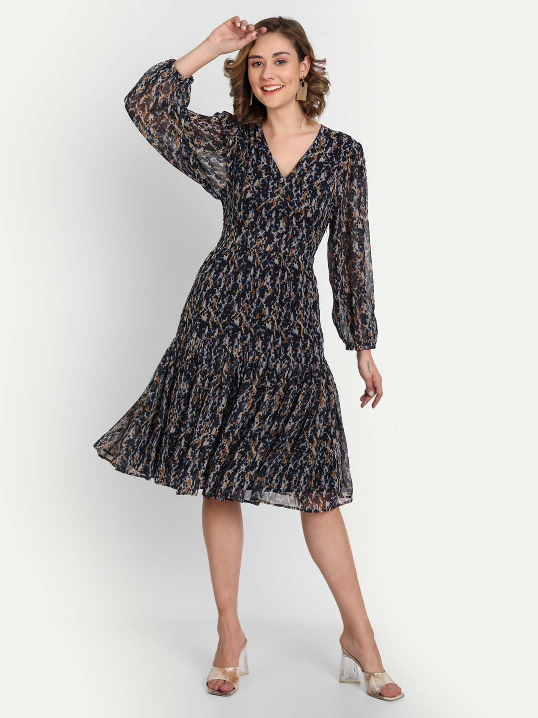 

CHARMGAL V-Neck Floral Georgette Dress, Navy blue