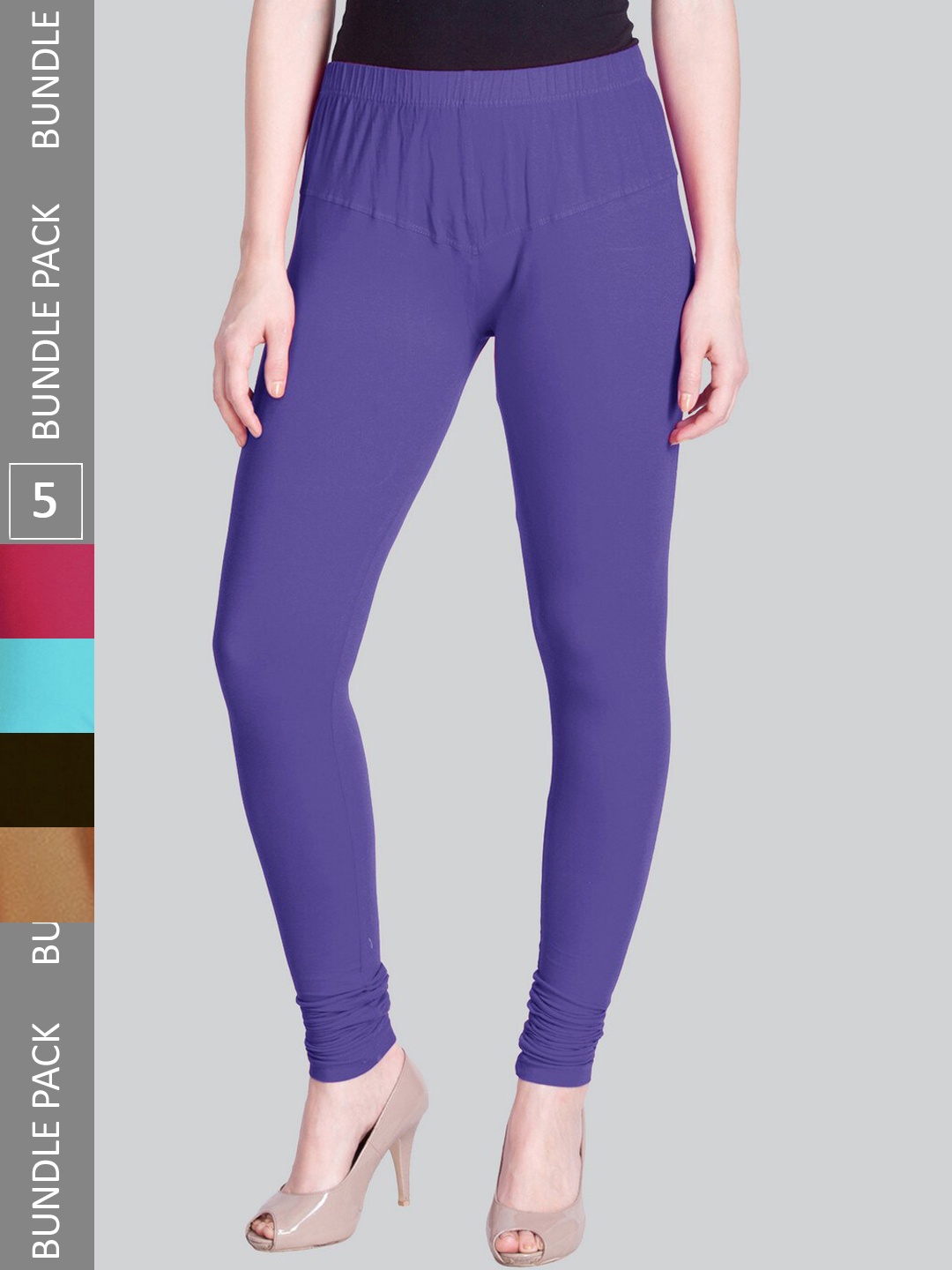

LYRA Pack Of 5 4-Way Stretch Bio-Wash Cotton Lycra Churidar Length Leggings, Purple