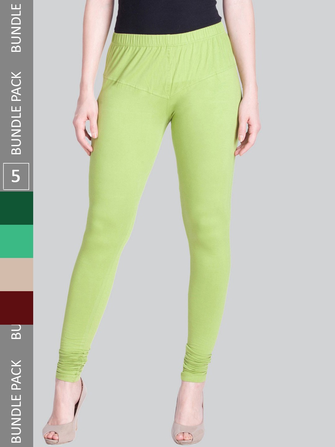 

LYRA Pack Of 5 4-Way Stretch Bio-Wash Cotton Lycra Churidar Length Leggings, Green
