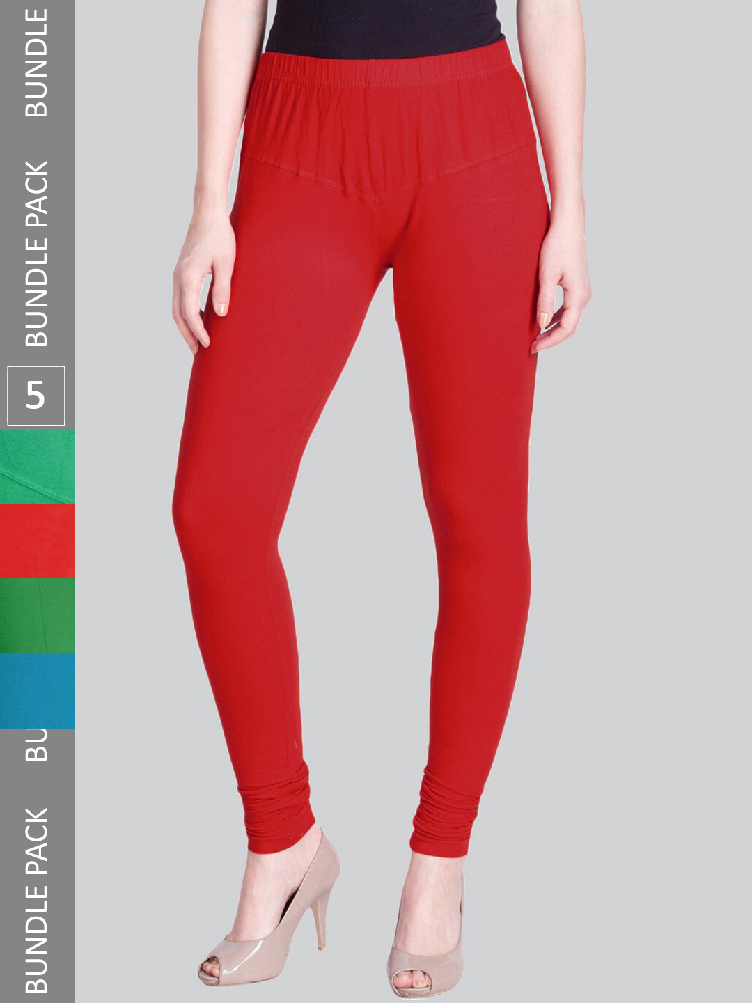 

LYRA Pack Of 5 4-Way Stretch Bio-Wash Cotton Lycra Churidar Length Leggings, Red