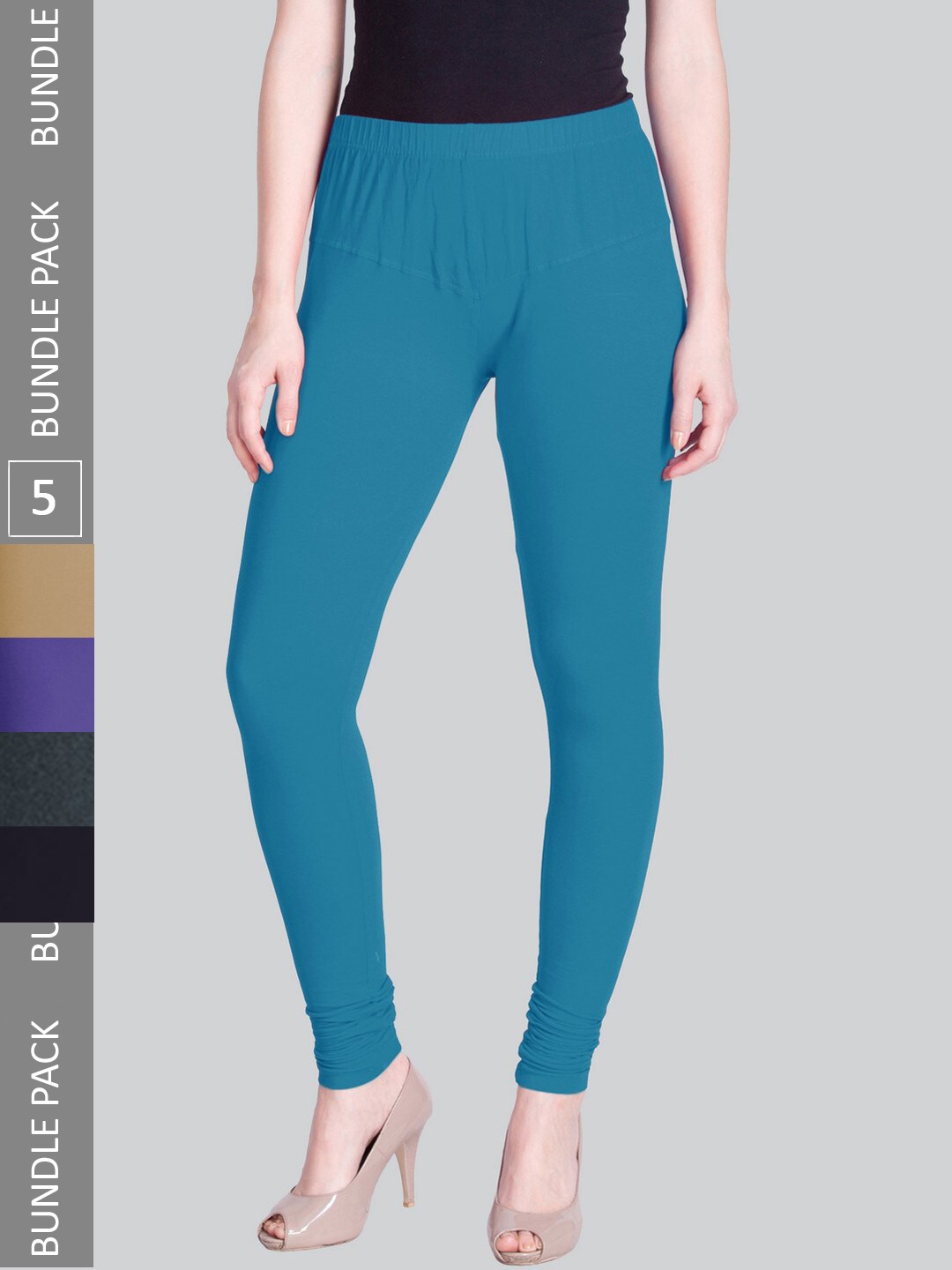

LYRA Pack Of 5 4-Way Stretch Bio-Wash Cotton Lycra Churidar Length Leggings, Blue