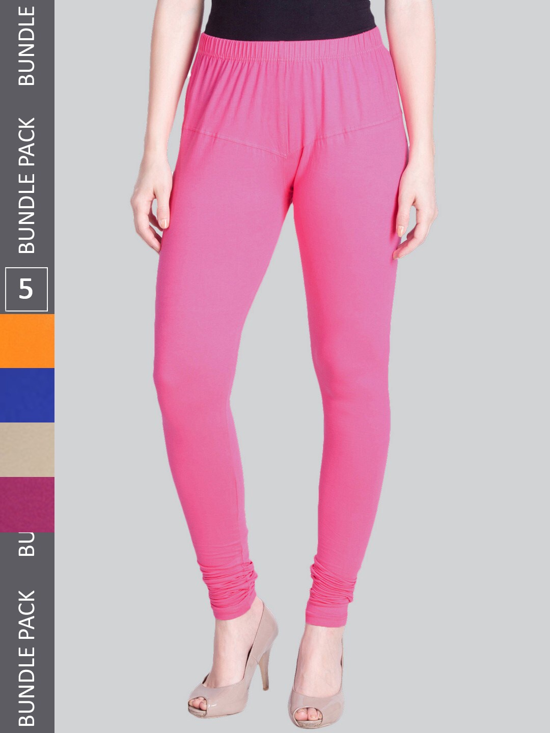 

LYRA Pack Of 5 4-Way Stretch Bio-Wash Cotton Lycra Churidar Length Leggings, Pink