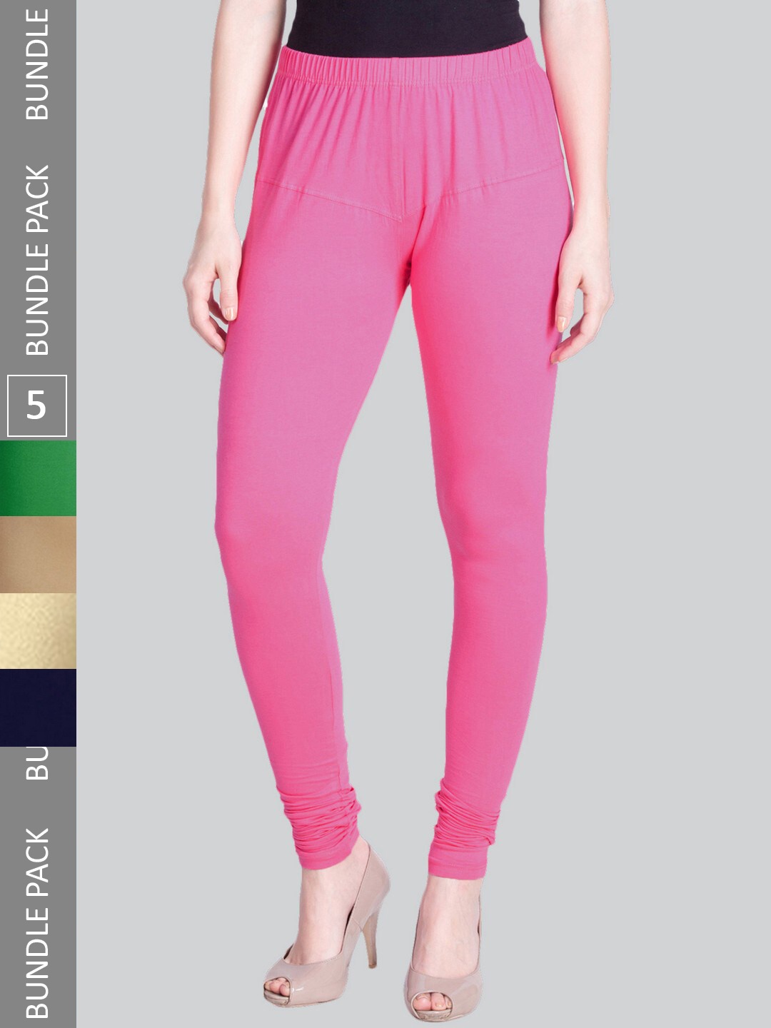 

LYRA Pack Of 5 4-Way Stretch Bio-Wash Cotton Lycra Churidar Length Leggings, Pink