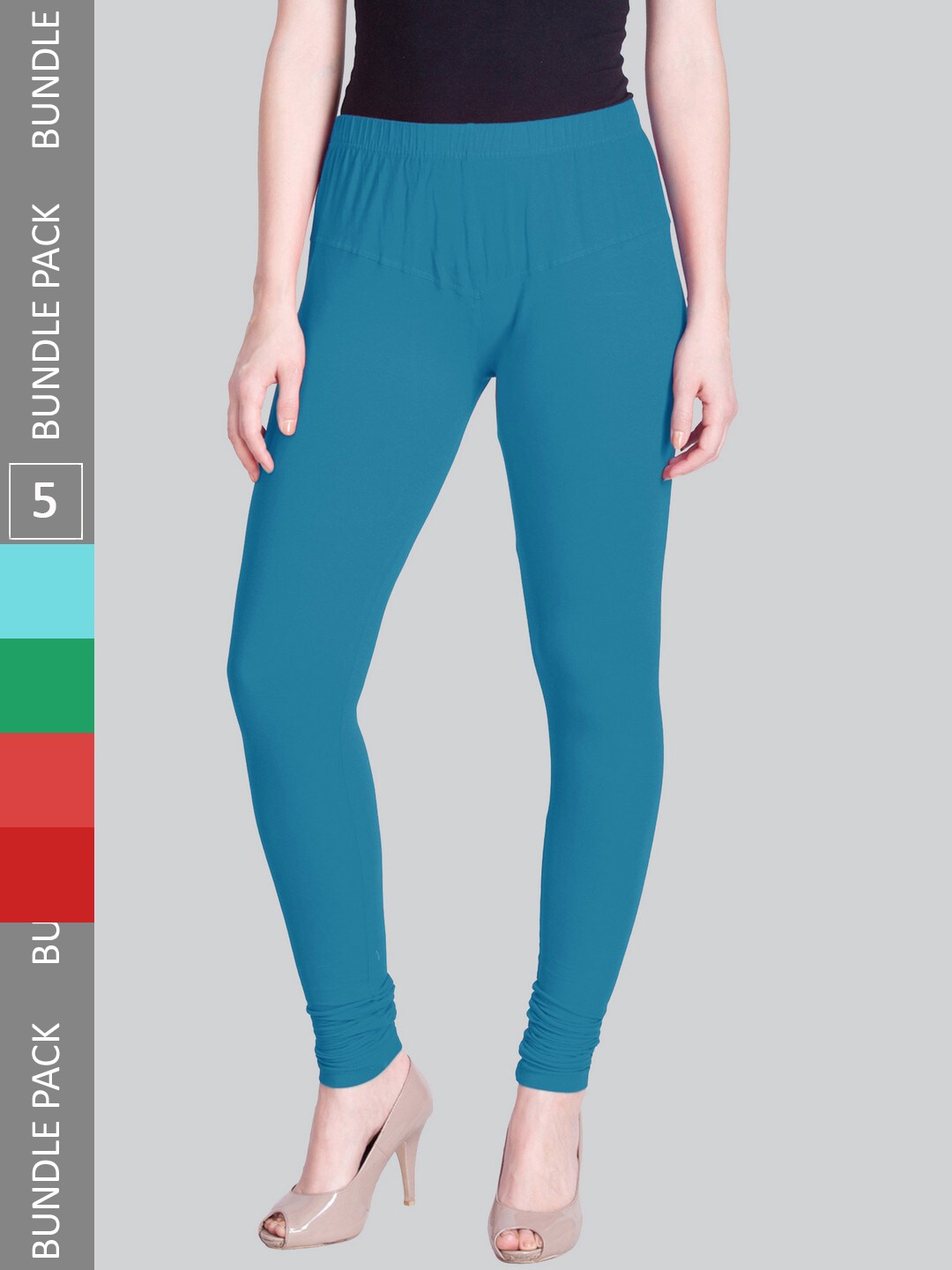 

LYRA Pack Of 5 4-Way Stretch Bio-Wash Cotton Lycra Churidar Length Leggings, Blue