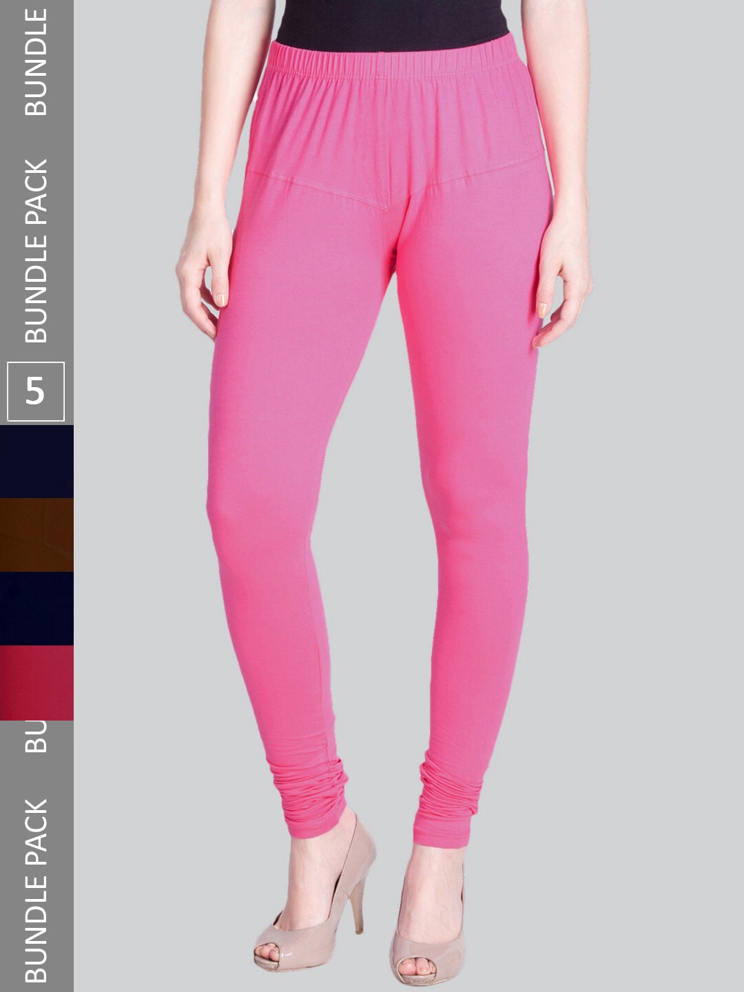 

LYRA Pack Of 5 4-Way Stretch Bio-Wash Cotton Lycra Churidar Length Leggings, Pink