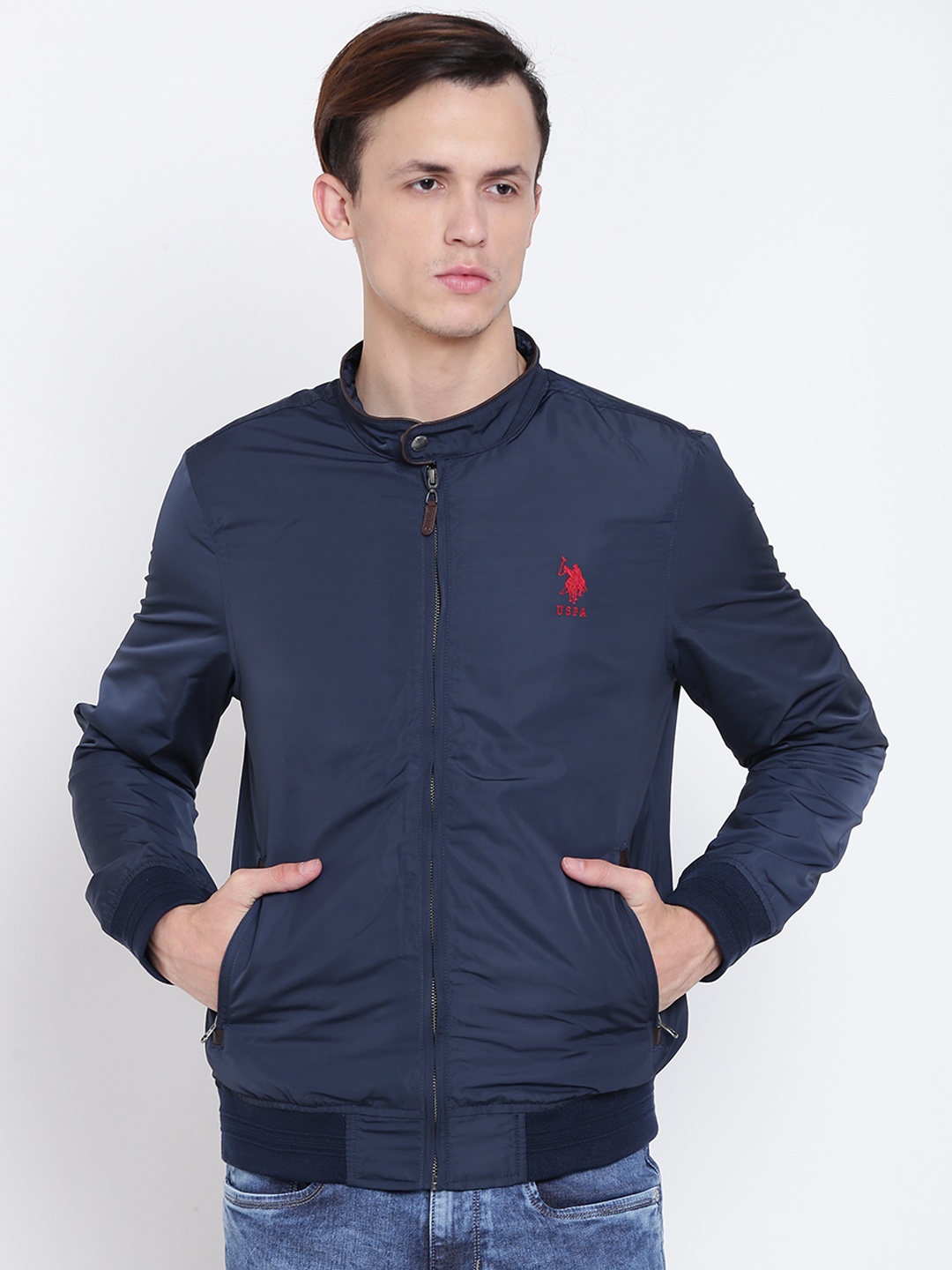 

U.S. Polo Assn. Men Navy Blue Solid Bomber Jacket