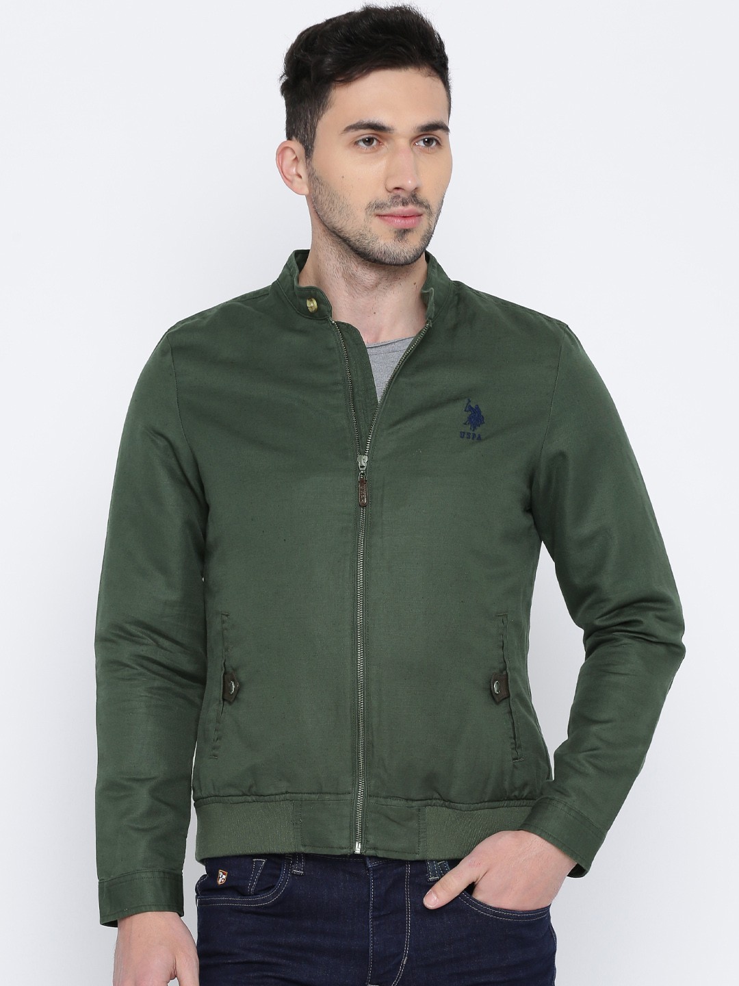 

U.S. Polo Assn. Men Olive Green Solid Bomber Jacket