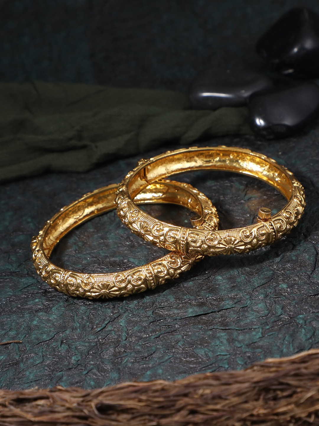 

Adwitiya Collection Set Of 2 24 CT Gold-Plated Antique Bangles