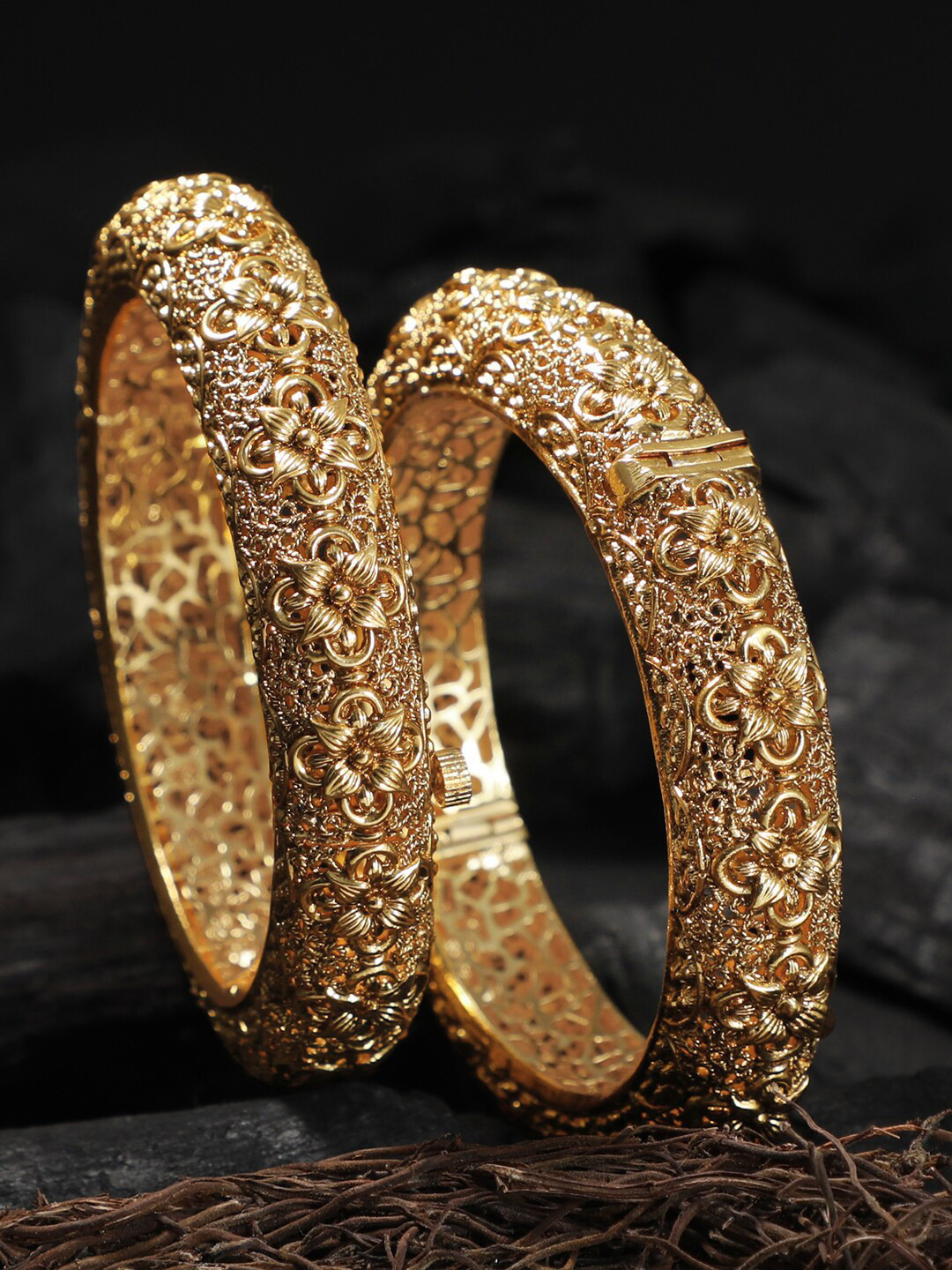 

Adwitiya Collection Set Of 2 24 CT Antique Gold-Plated Bangles