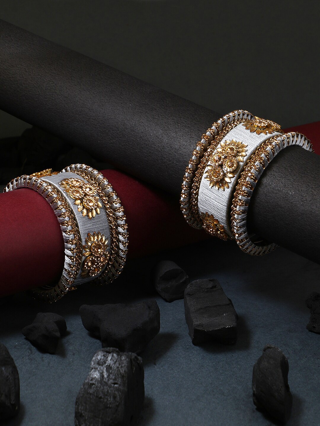 

Adwitiya Collection Set Of 10 Stones-Studded Velvet Silk Thread Bangles, Gold