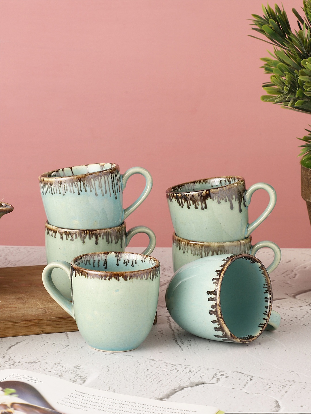 

MIAH Decor Studio Pottery Turquoise Blue & Brown 6 Pcs Printed Ceramic Cups 200 ml Each