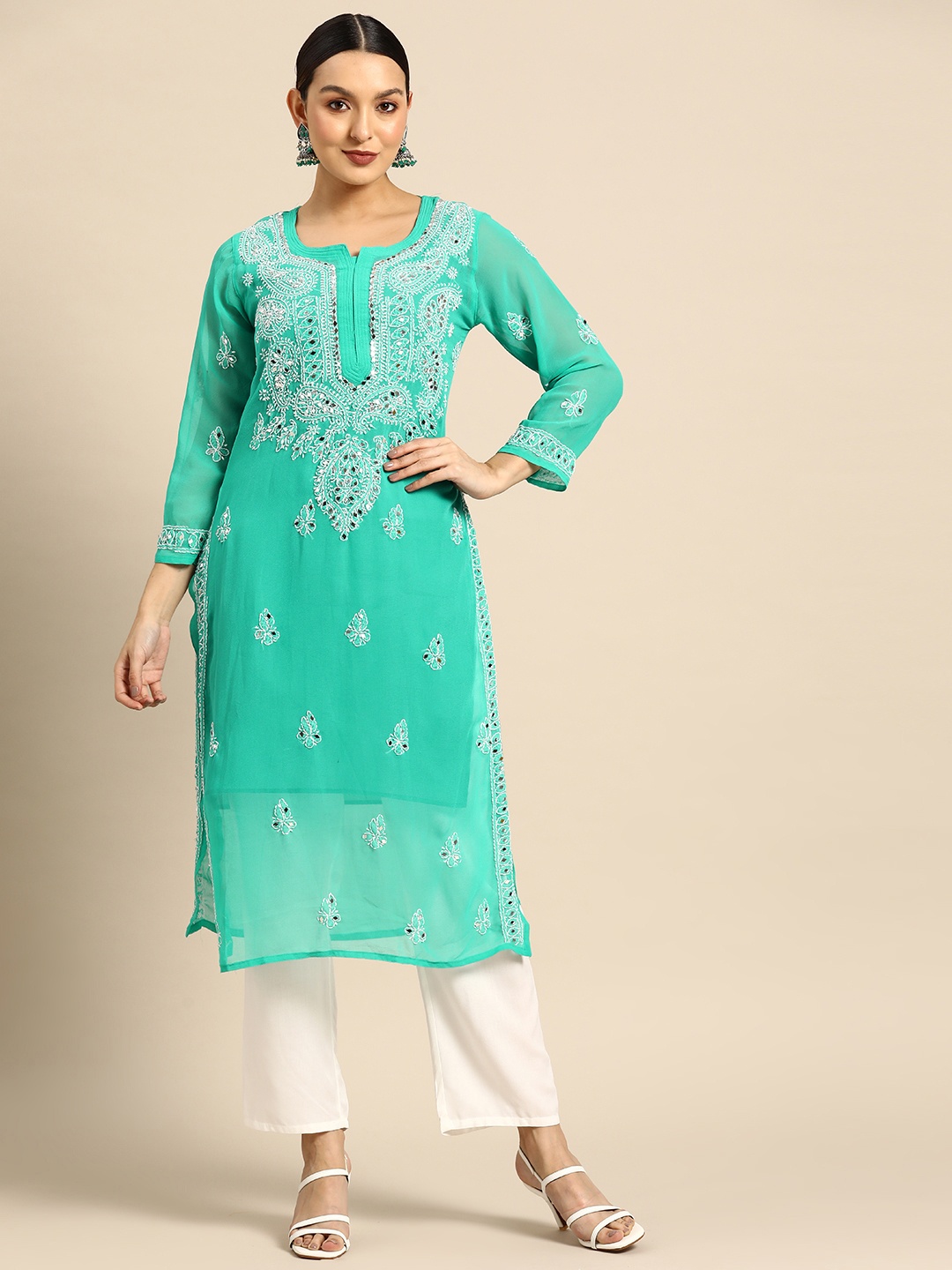 

Saadgi Ethnic Motifs Embroidered Chikankari Mirror Work Georgette Kurta, Sea green