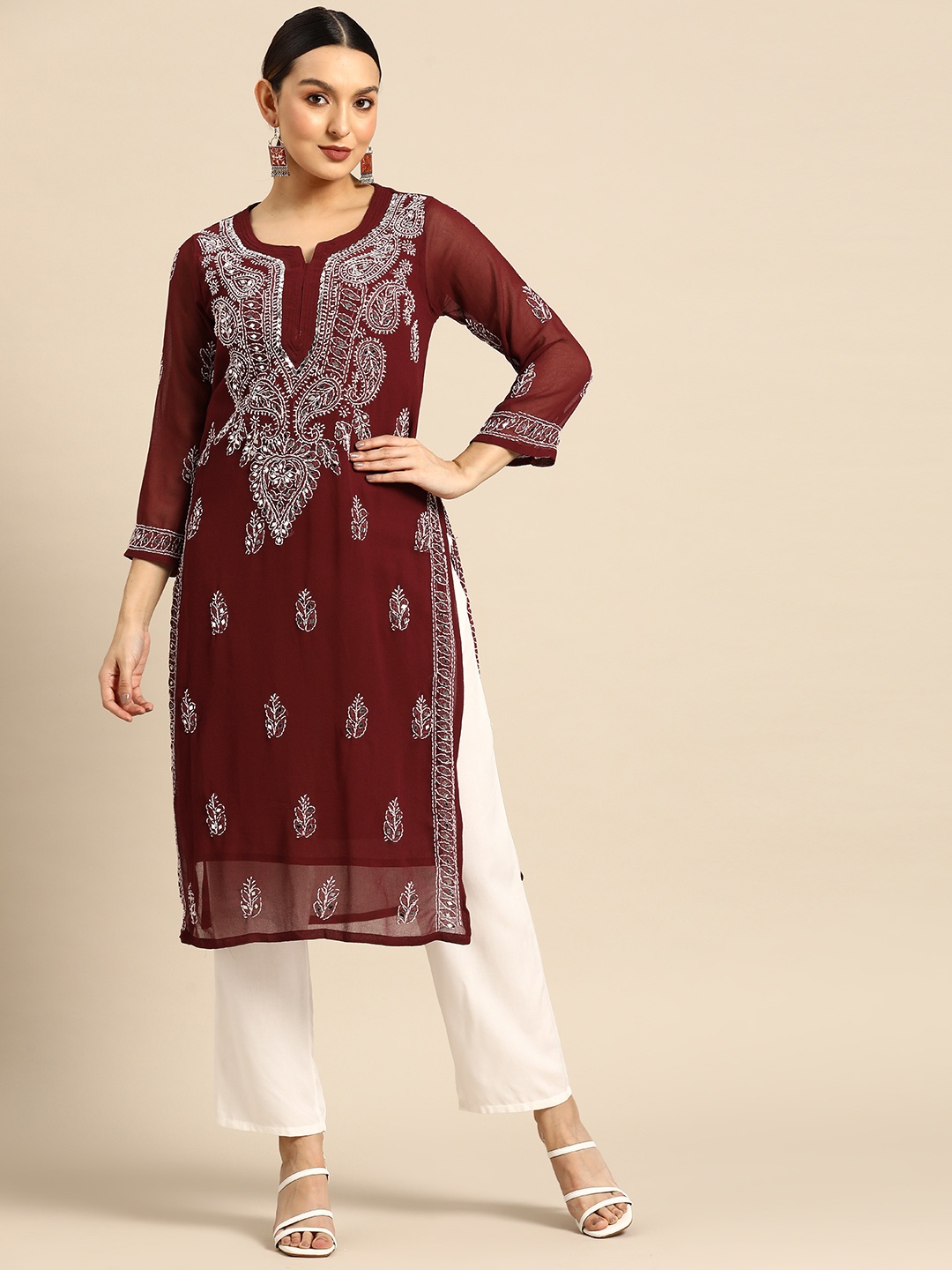 

Saadgi Ethnic Motifs Embroidered Chikankari Mirror Work Georgette Kurta, Maroon