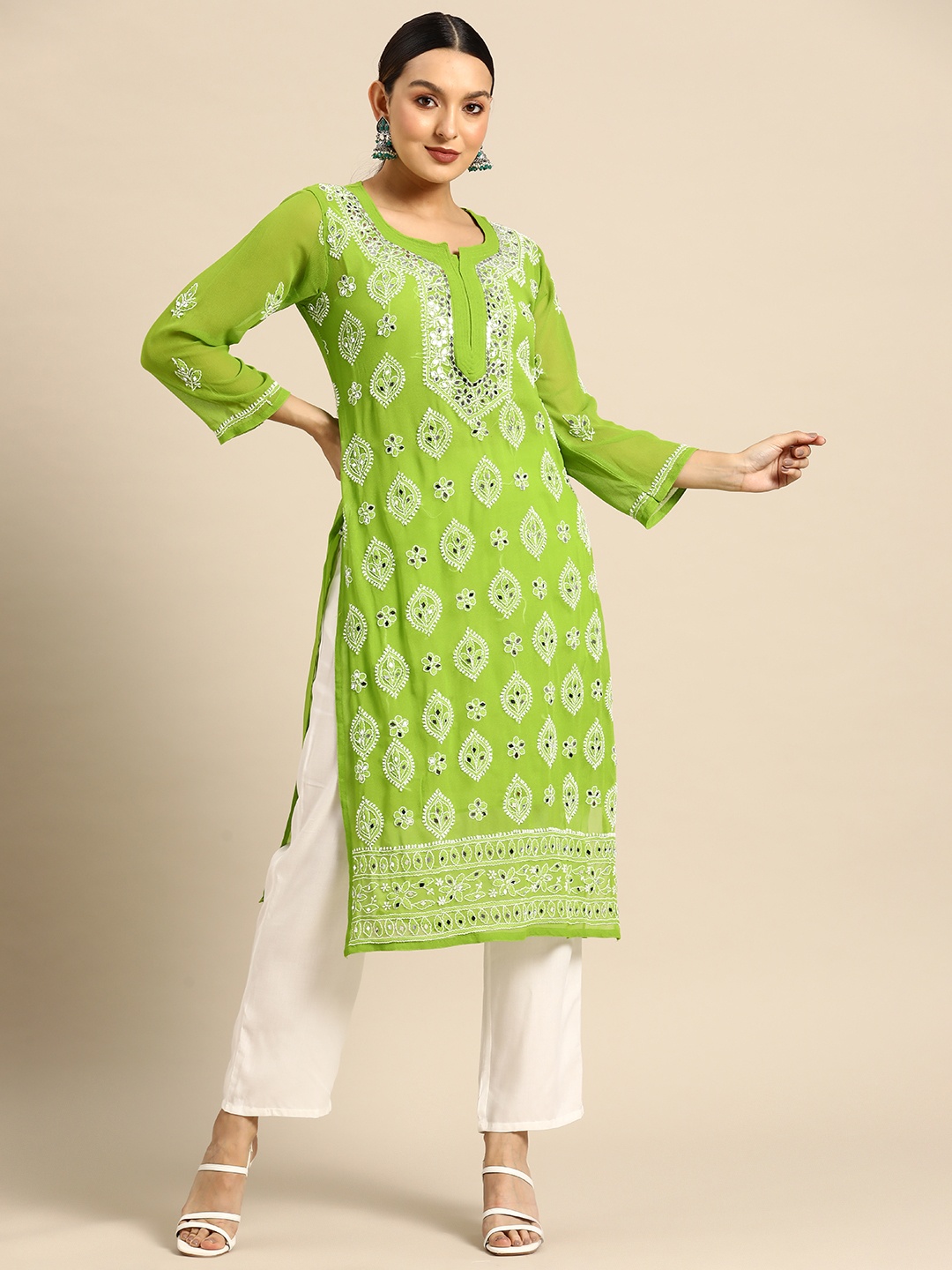 

Saadgi Ethnic Motifs Embroidered Chikankari Mirror Work Georgette Kurta, Green
