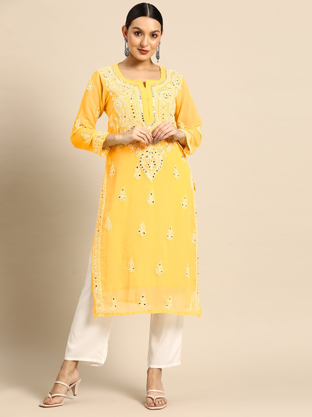 

Saadgi Ethnic Motifs Embroidered Chikankari Mirror Work Georgette Kurta, Yellow