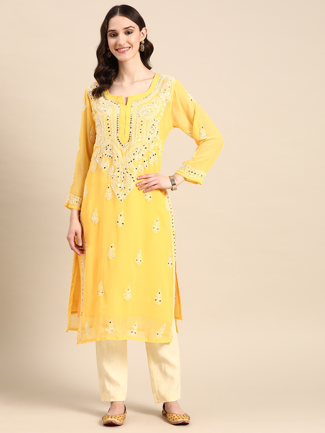 

Saadgi Paisley Embroidered Chikankari Mirror Work Georgette Kurta, Yellow