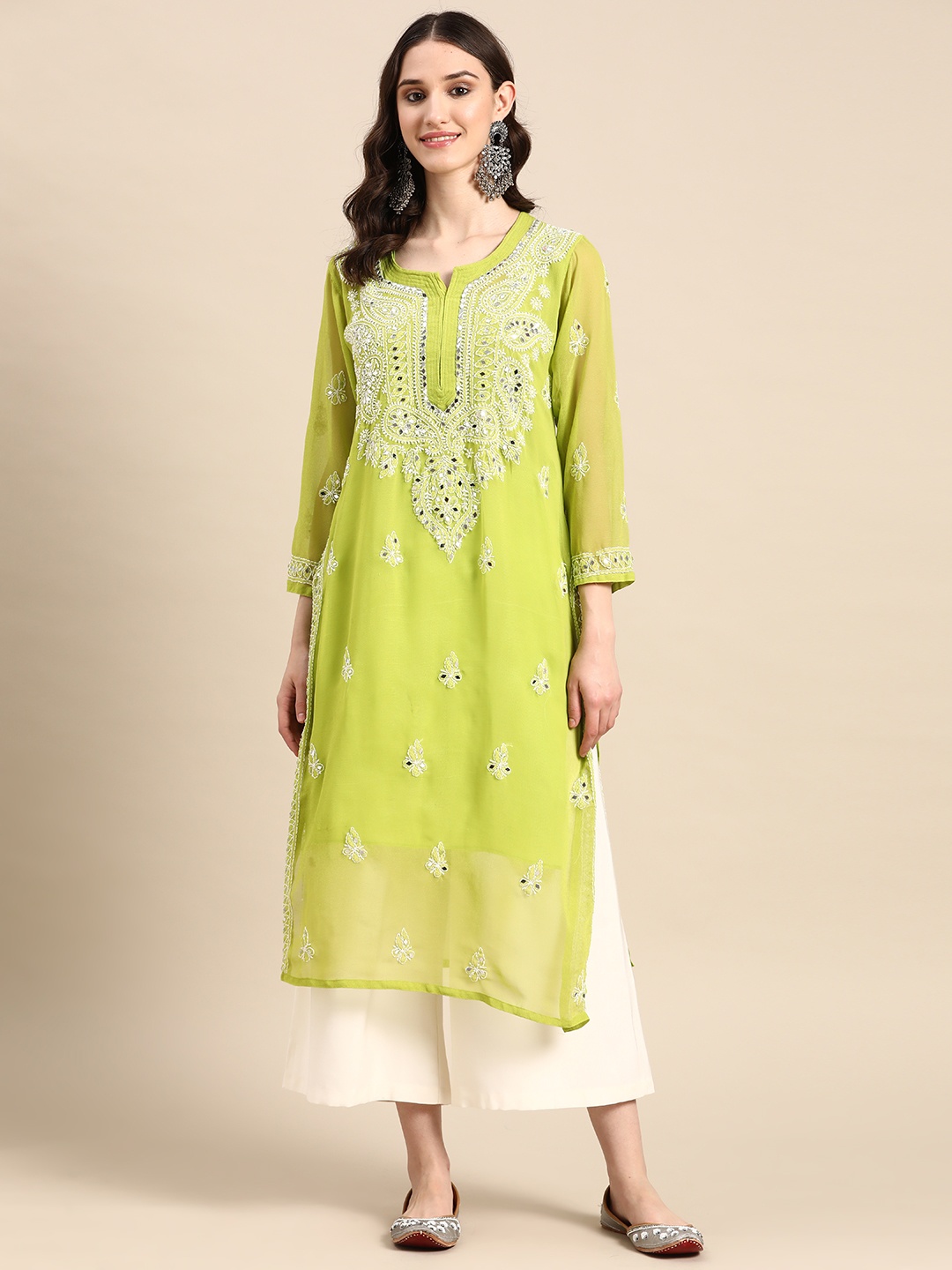 

Saadgi Paisley Embroidered Mirror Work Georgette Kurta, Green