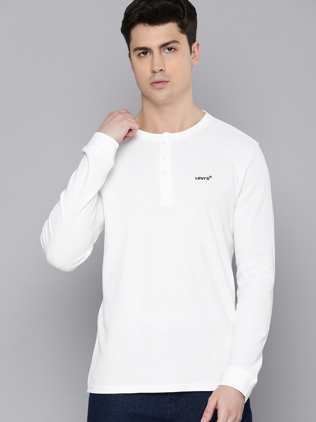 

Levis Brand Logo Printed Henley Neck Pure Cotton T-shirt, White