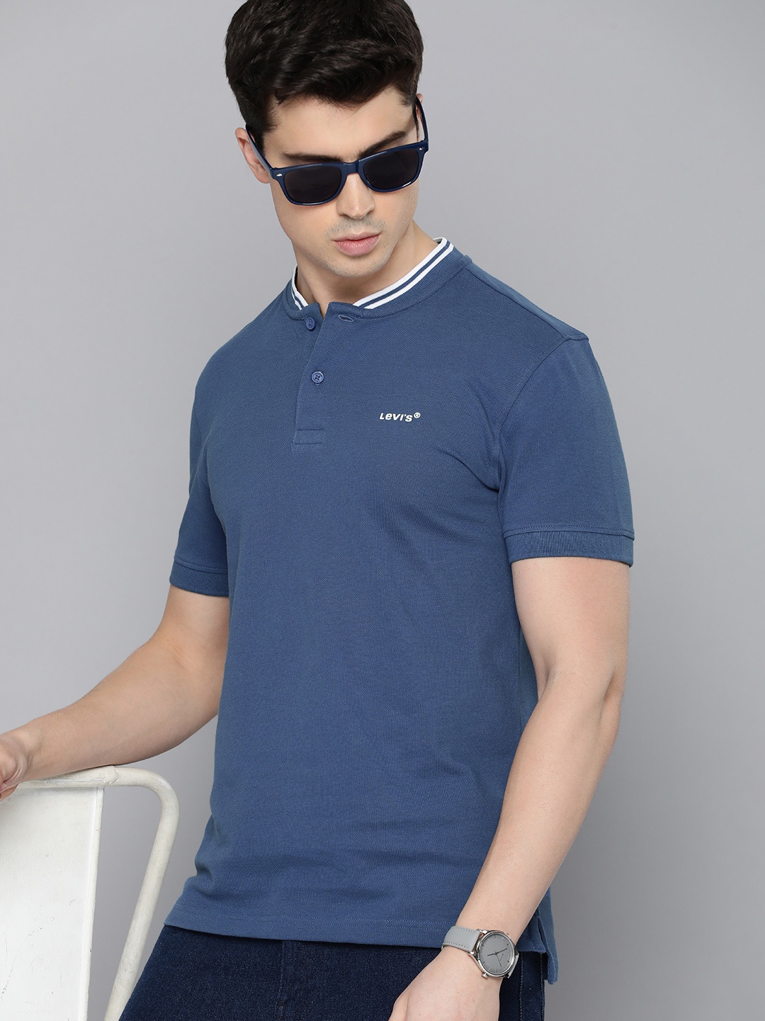 

Levis Brand Logo Printed Henley Neck Pure Cotton T-shirt, Blue