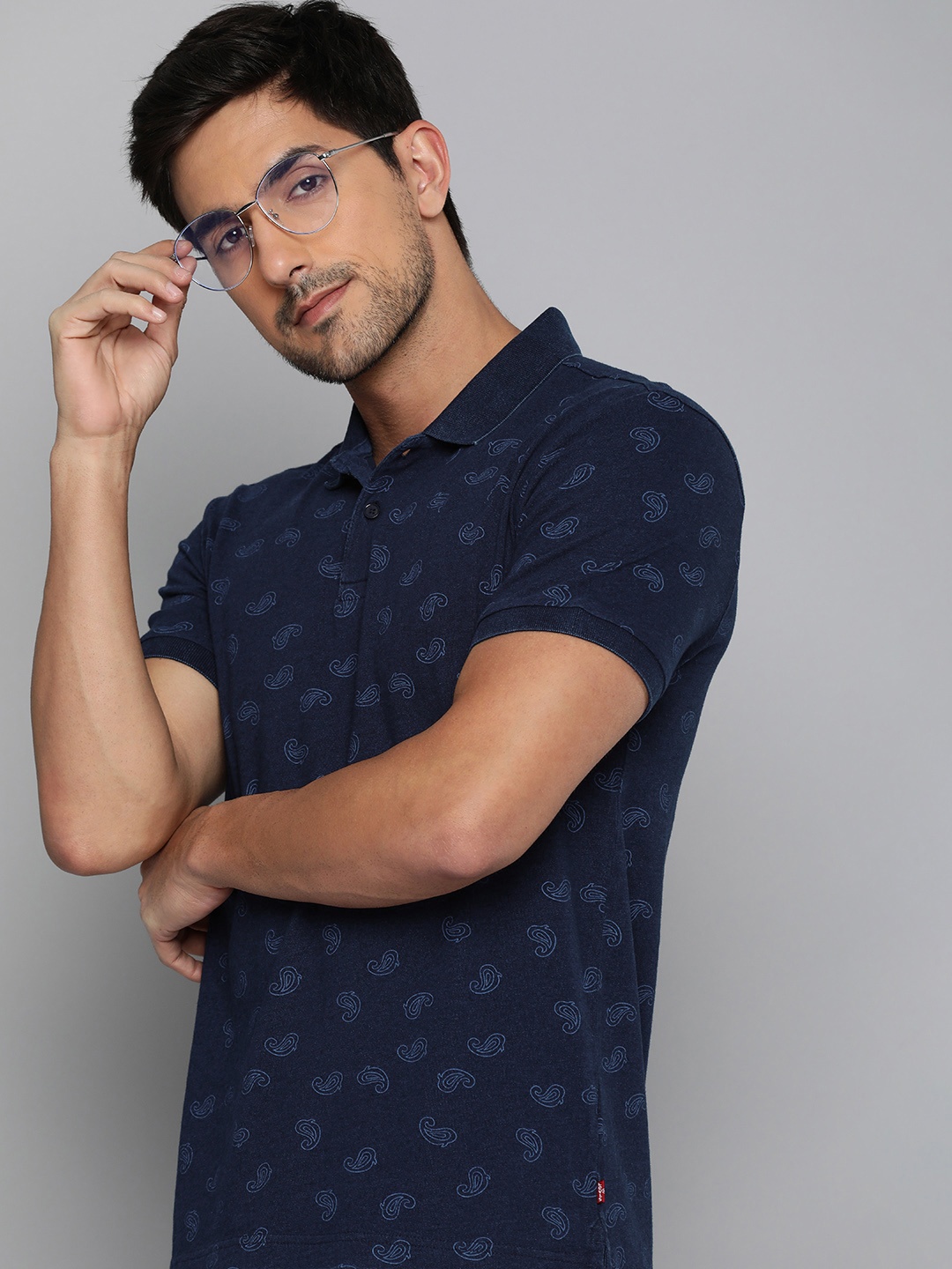 

Levis Geometric Printed Polo Collar Pure Cotton T-shirt, Navy blue