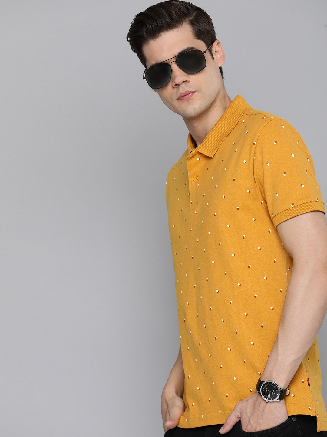 

Levis Men Geometric Printed Polo Collar T-shirt, Mustard