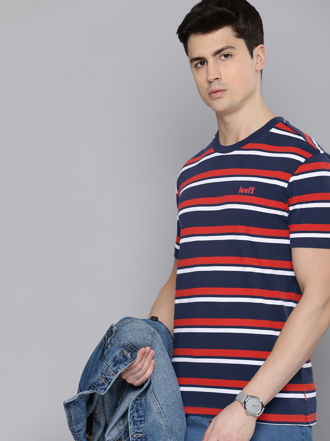 

Levis Men Pure Cotton Striped Round Neck T-shirt, Navy blue