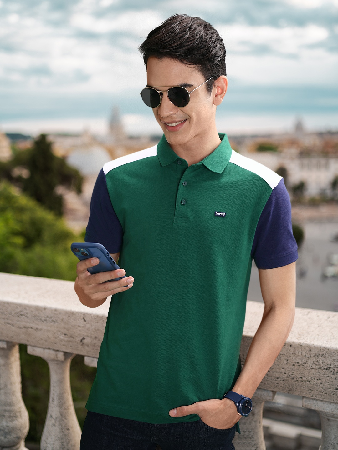 

Levis Colourblocked Polo Collar Pure Cotton T-shirt, Green