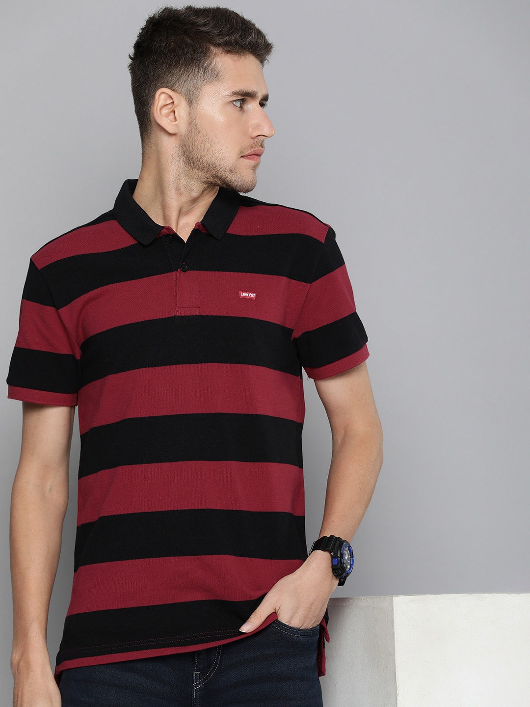 

Levis Striped Polo Collar Pure Cotton T-shirt, Maroon