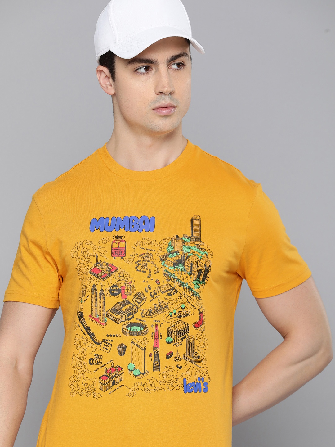

Levis Men Pure Cotton Graphic Printed Round Neck T-shirt, Mustard