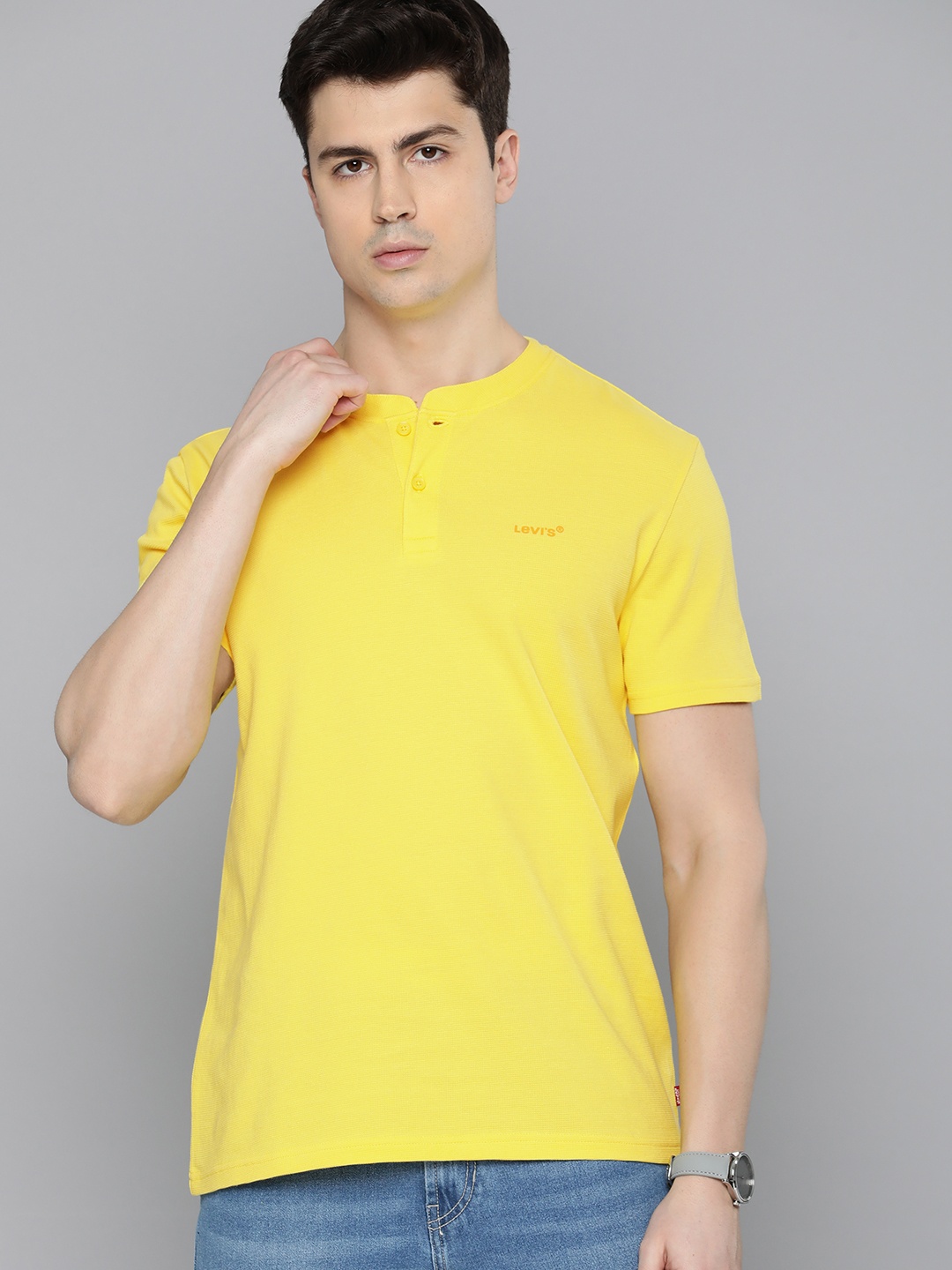 

Levis Brand Logo Printed Henley Neck Pure Cotton T-shirt, Yellow