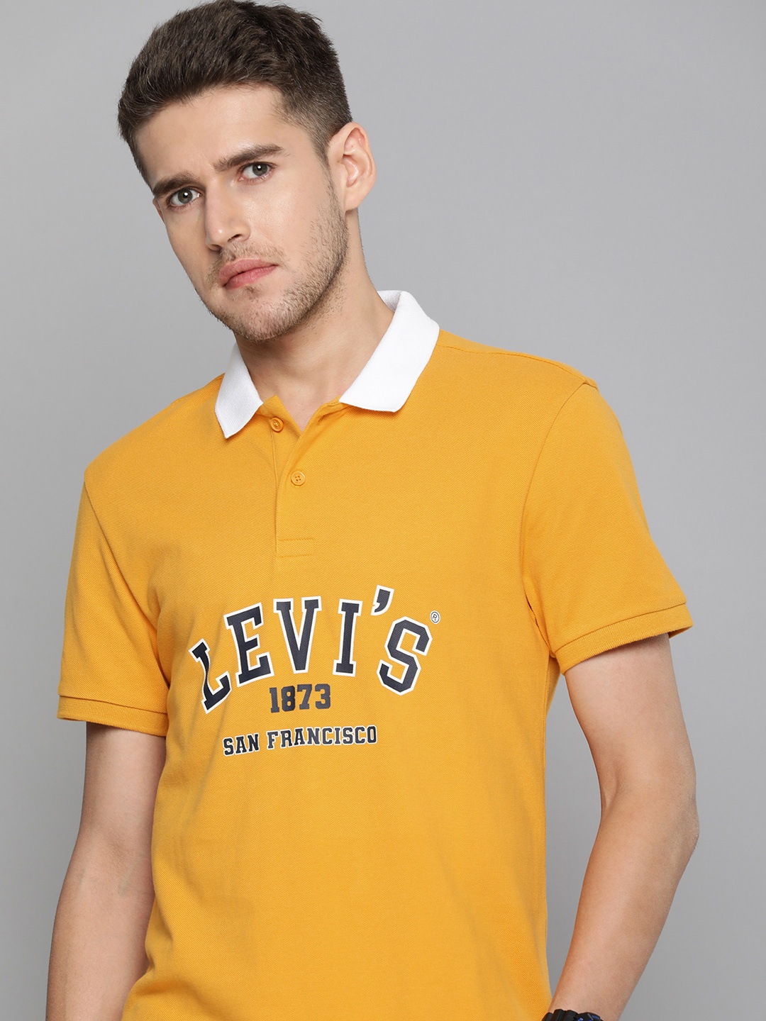 

Levis Typography Printed With Contrast Polo Collar Pure Cotton T-shirt, Yellow