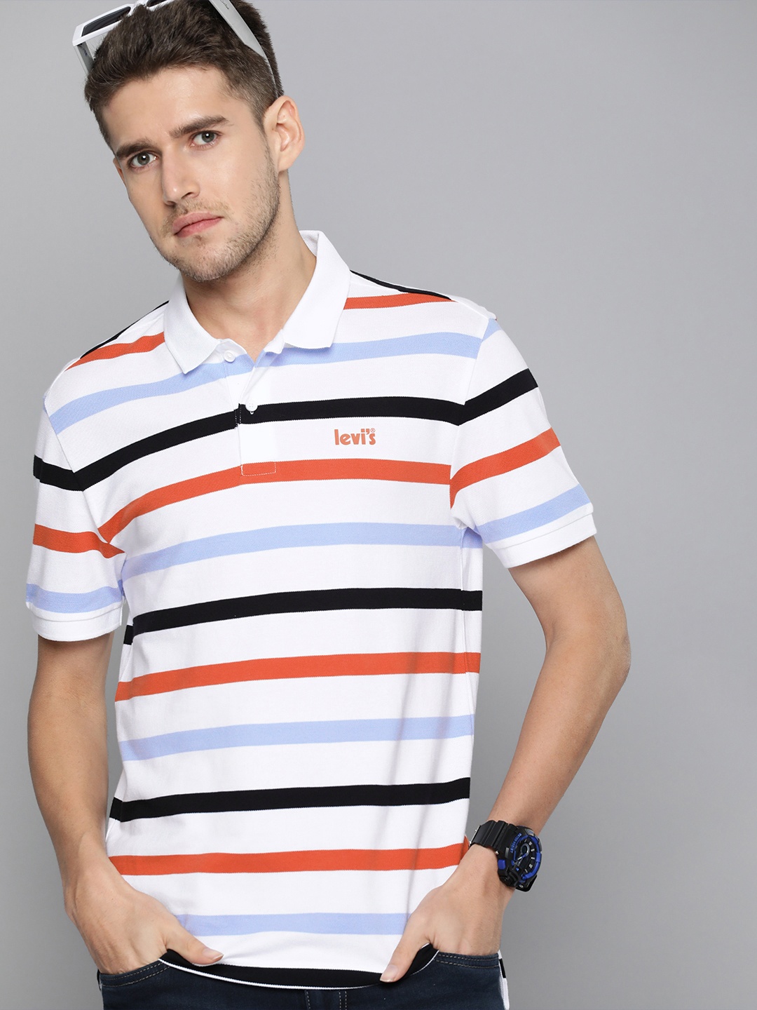 

Levis Striped Polo Collar Pure Cotton T-shirt, White