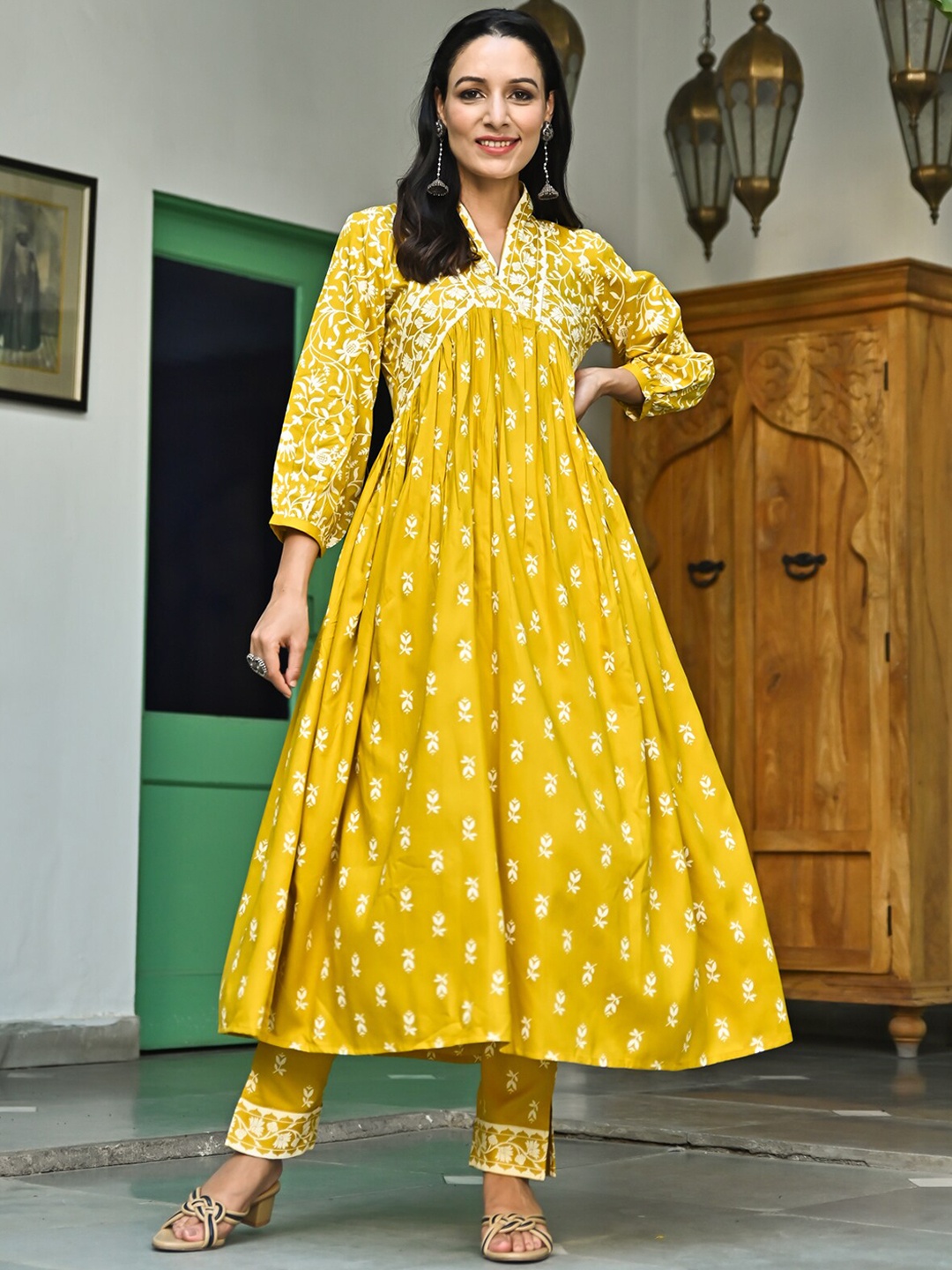 

Rustorange Floral Printed Puff Sleeves A-Line Pleated Kurta with Trousers, Mustard