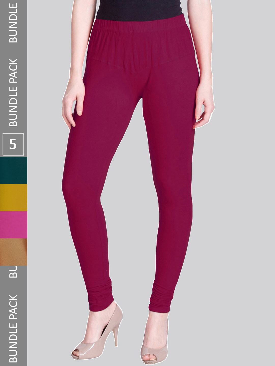 

LYRA Pack Of 5 Color Lock Technology Four Way Stretch Bio-wash Churidar-Length Leggings, Magenta