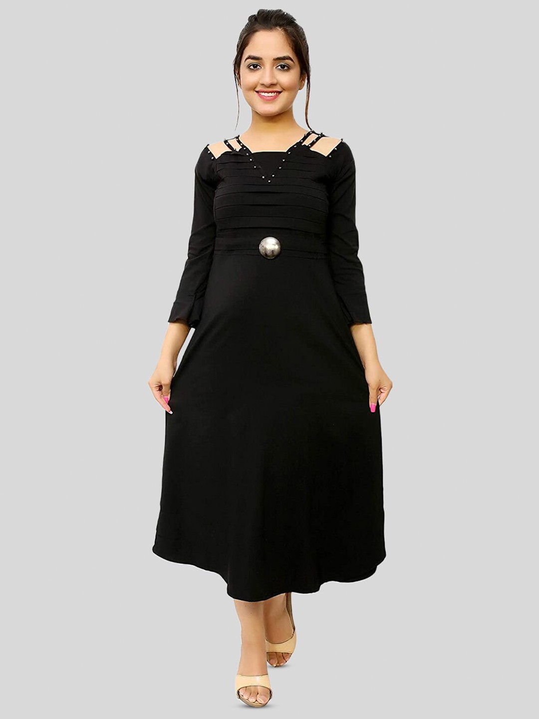 

Elendra jeans Gathered Cotton A-Line Midi Dress, Black